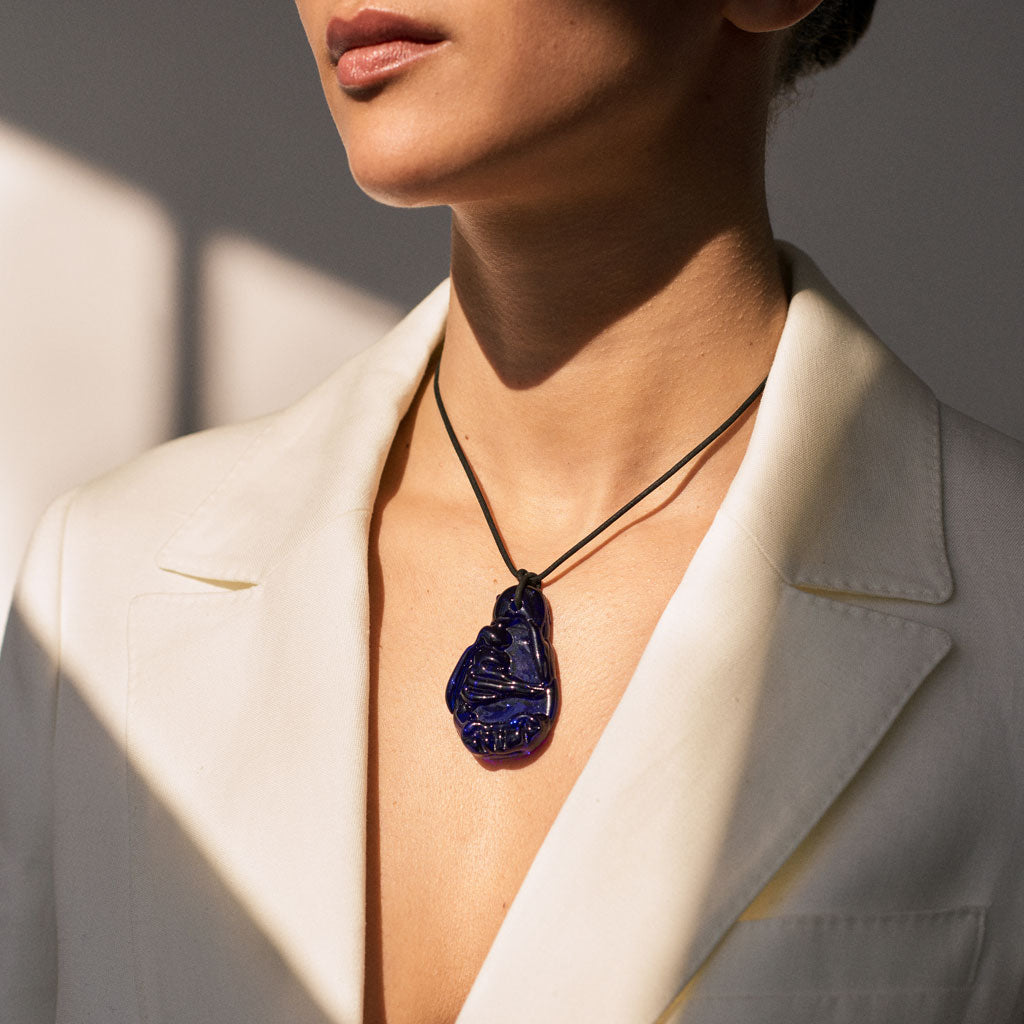 AGMES Hand-blown Venetian Glass Blue Emma Pendant on Black Suede Cord Necklace.