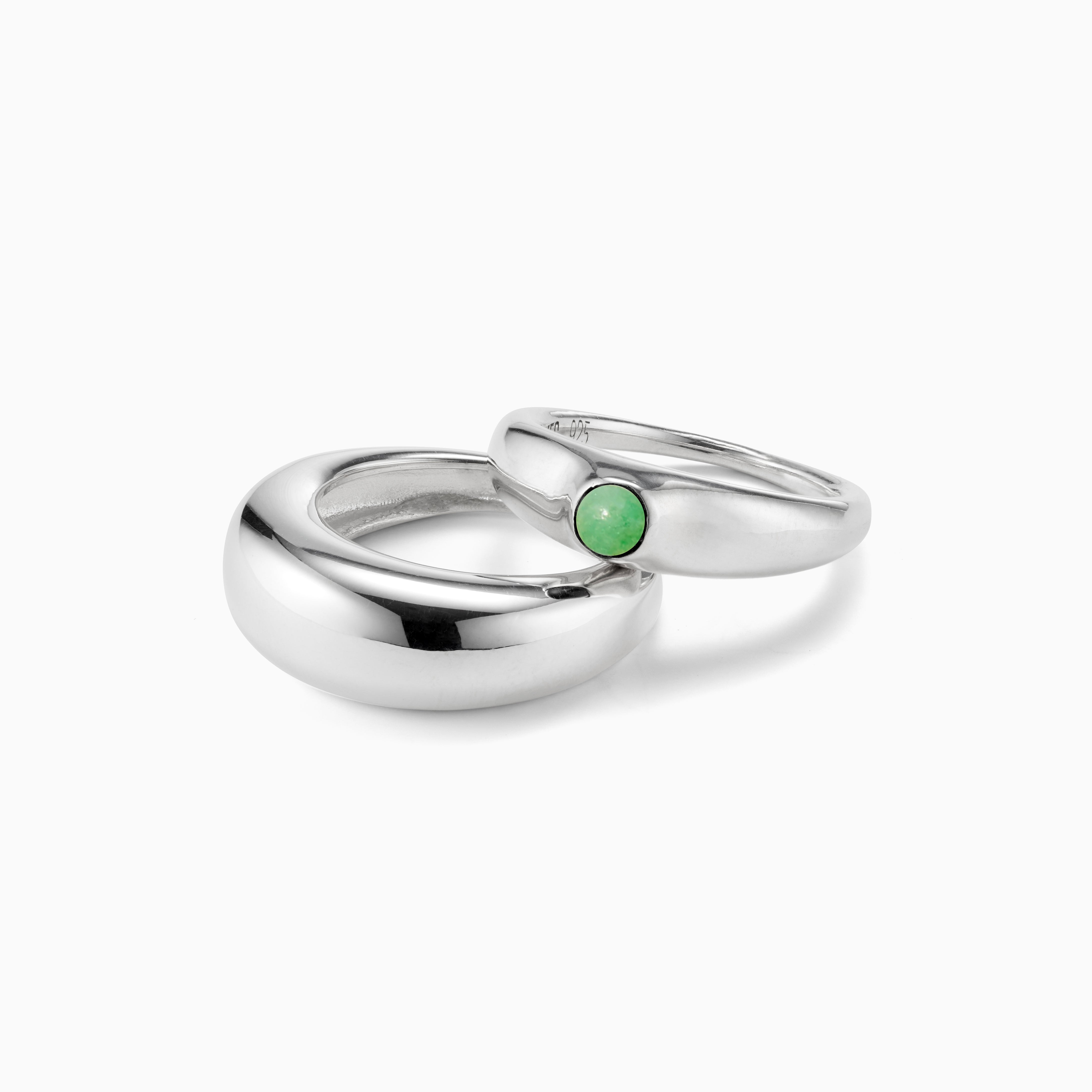 AGMES .925 Sterling Silver Cara Domed Ring Set with Jade Stone Center.