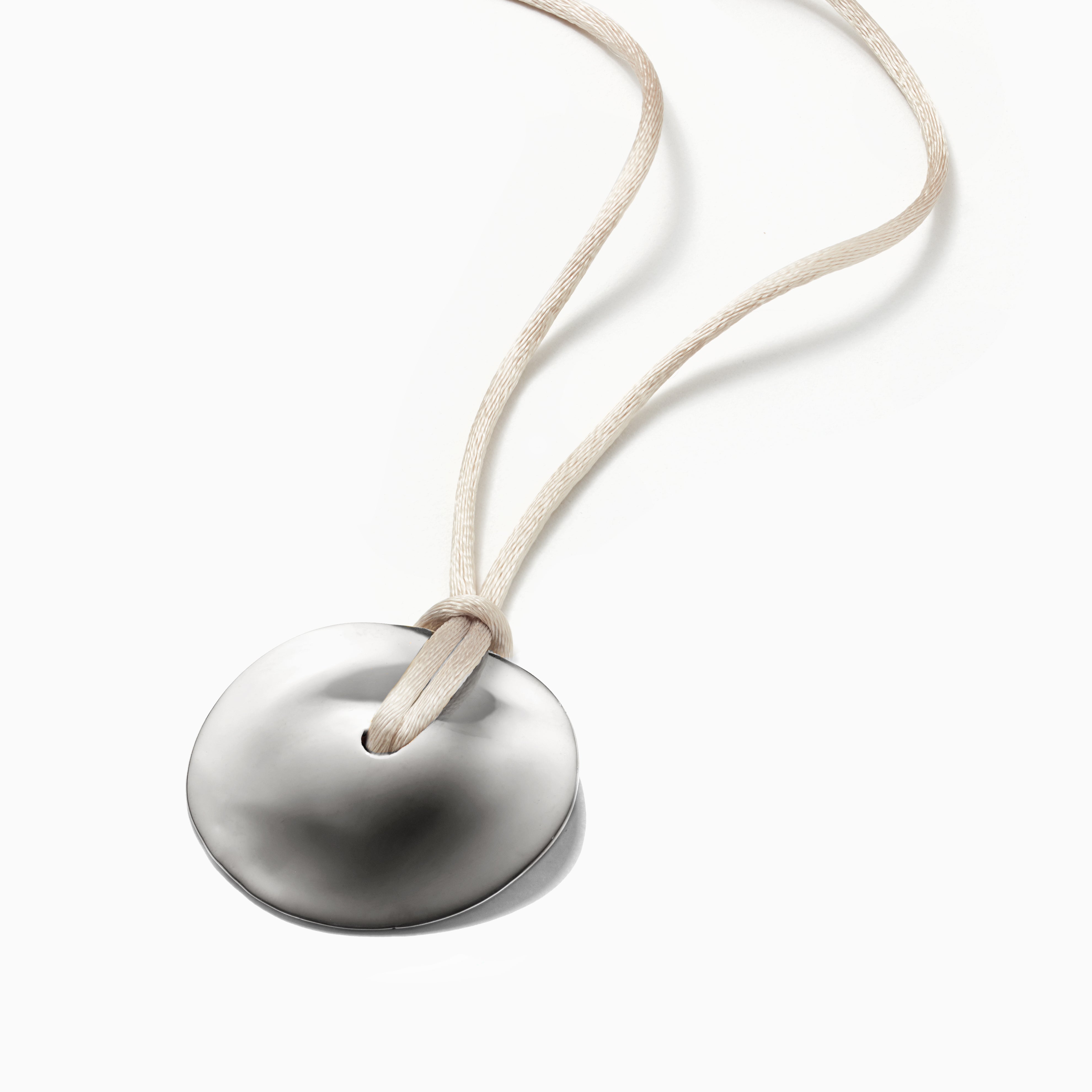 AGMES 0.925 Sterling Silver Cora Pendant paired with Ivory Silk Cord. Round Pendant Necklace.