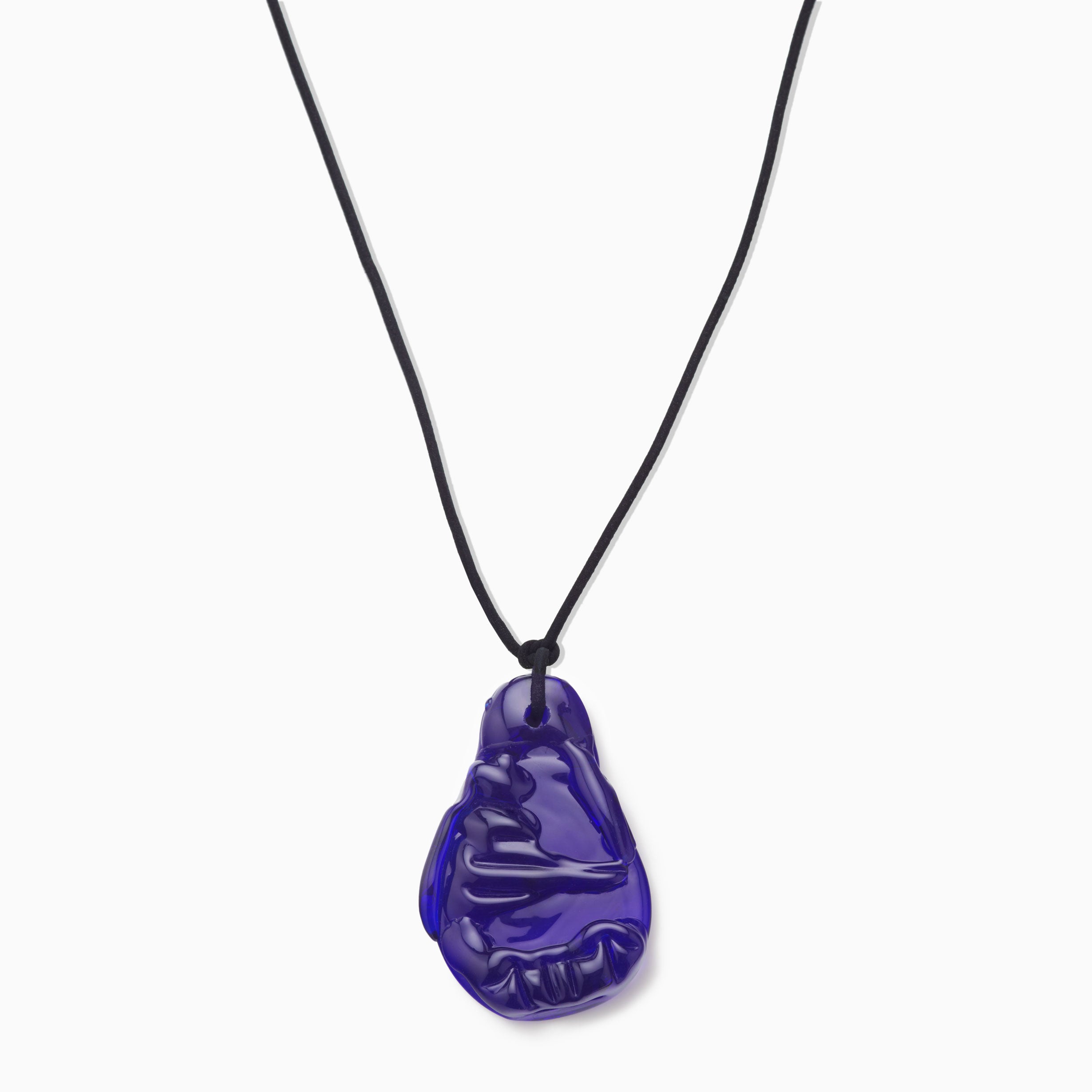 AGMES Hand-blown Venetian Glass Blue Emma Pendant on Black Suede Cord Necklace.
