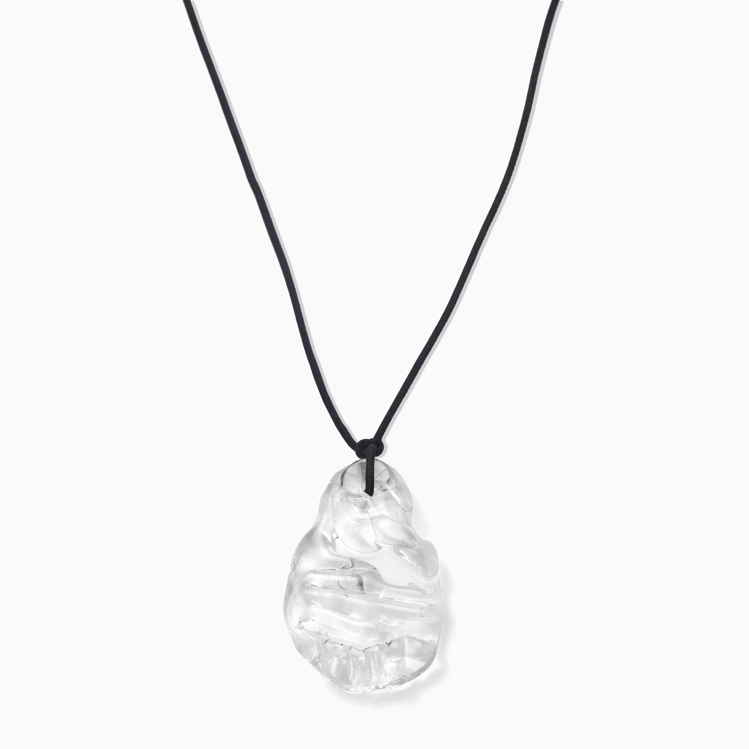 AGMES Hand-blown Venetian Glass Clear Emma Pendant on Black Suede Cord Necklace.
