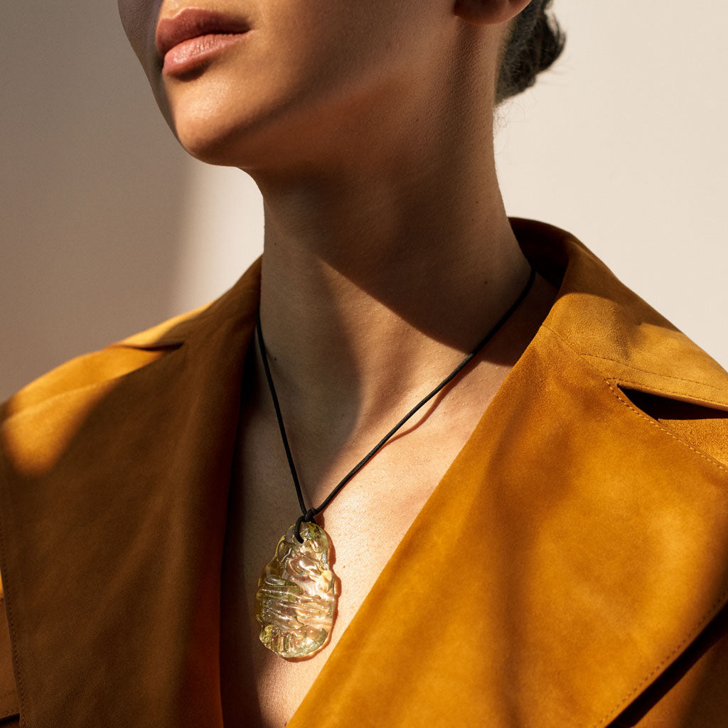 AGMES Hand-blown Venetian Glass Yellow Emma Pendant on Black Suede Cord Necklace.