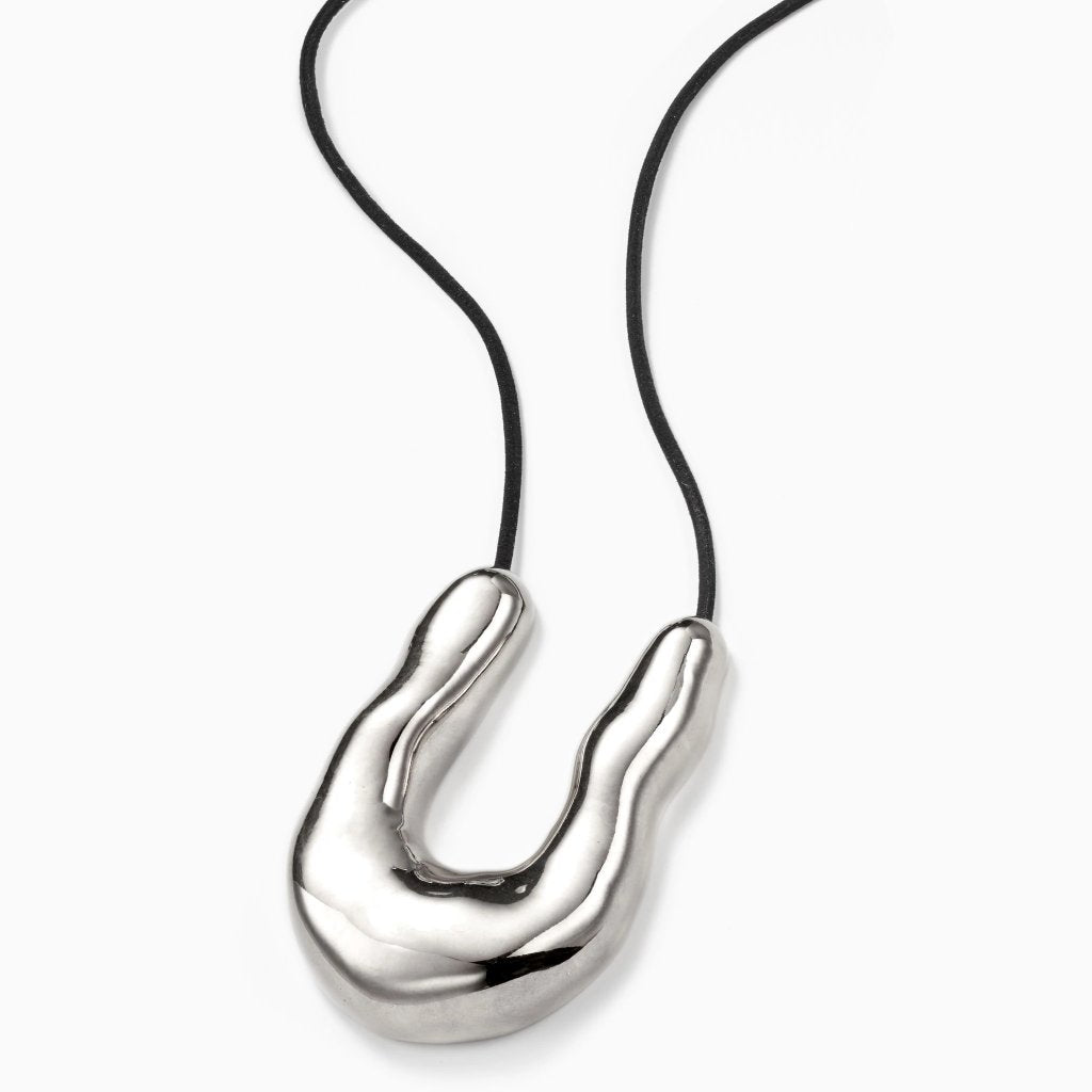 AGMES 0.925 Sterling Silver Large Wishbone Pendant on Black Suede Cord.
