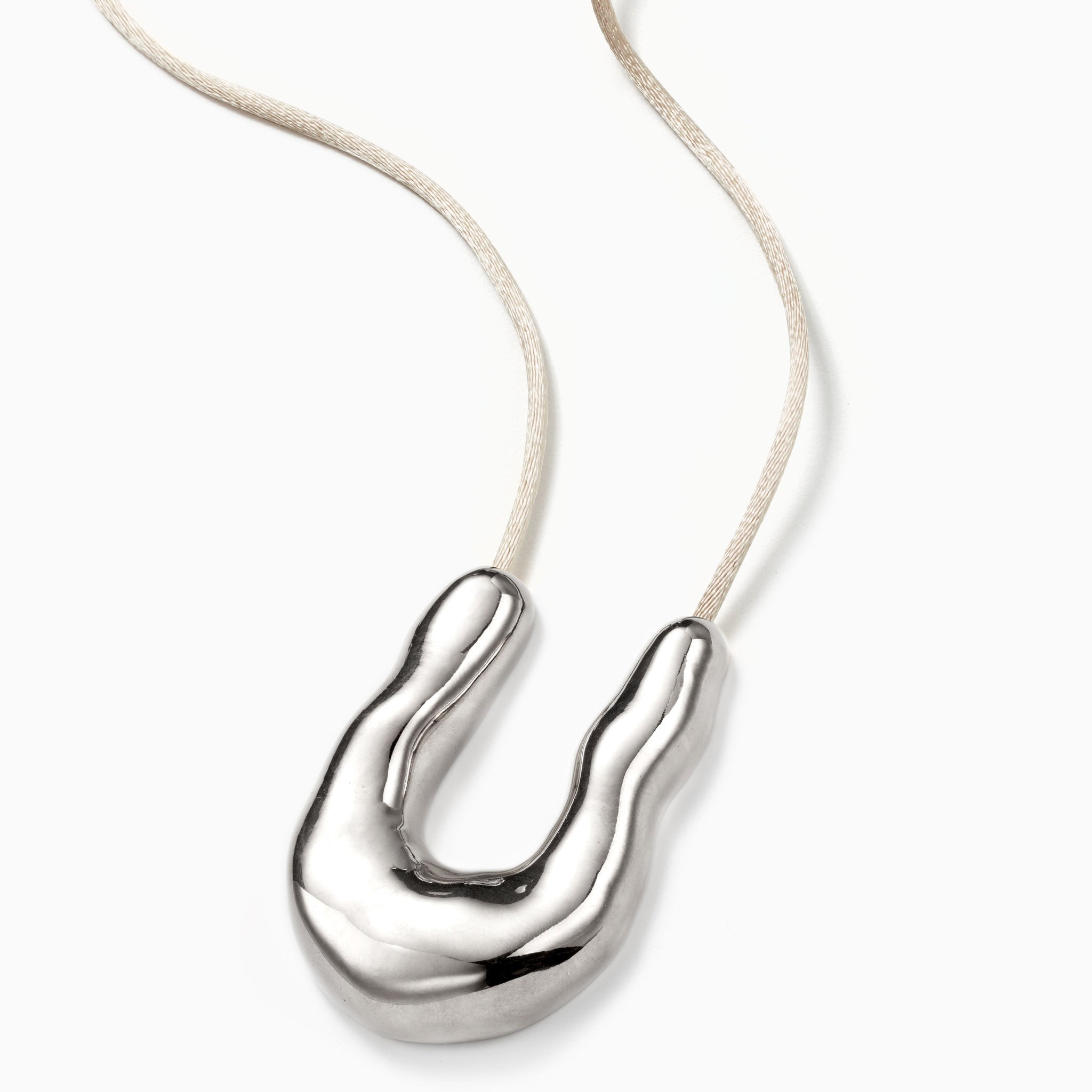 AGMES 0.925 Sterling Silver Large Wishbone Pendant on Ivory Satin Cord.