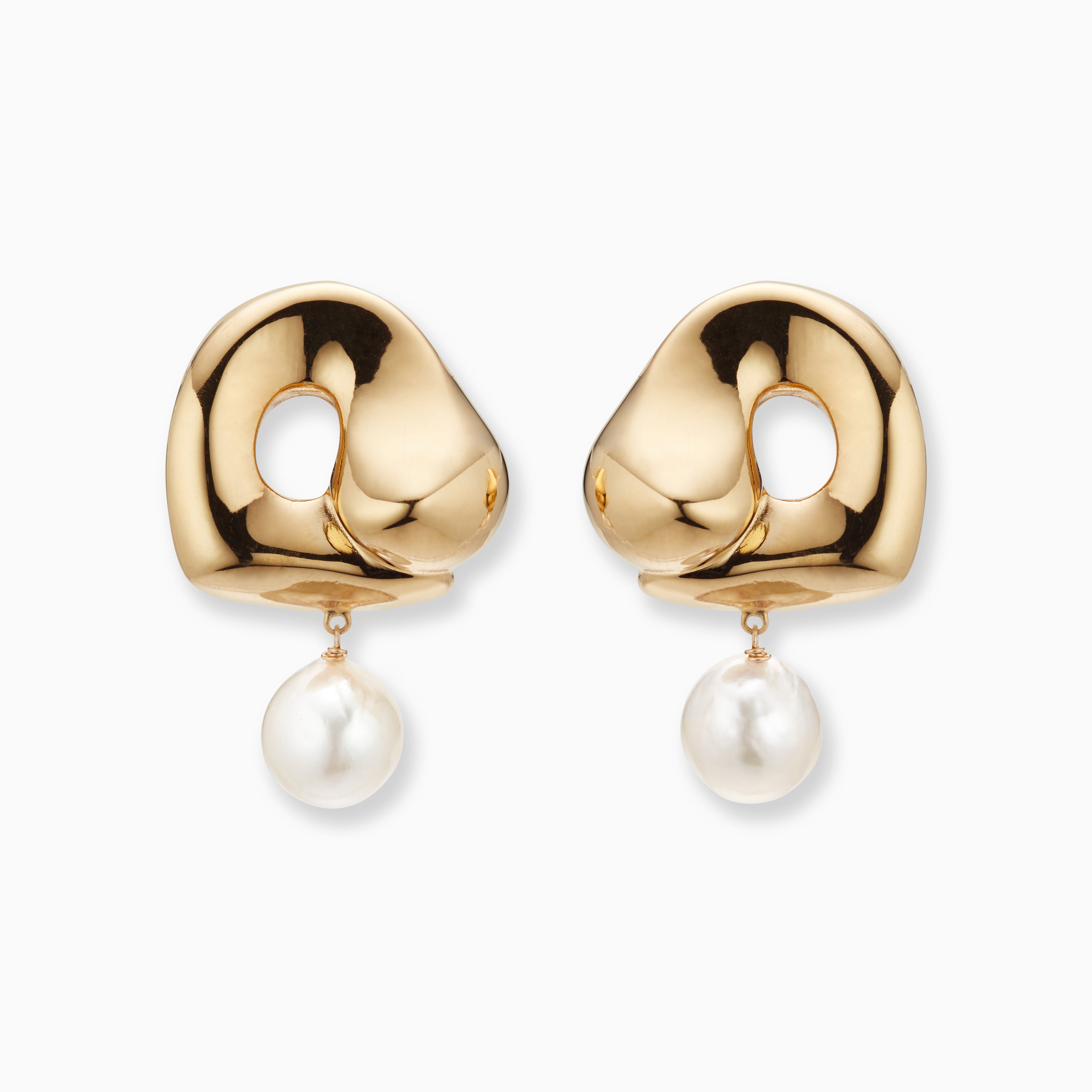 AGMES 18k gold vermeil sculpted Gertrude pearl drop earrings. Simone Bodmer-Turner.