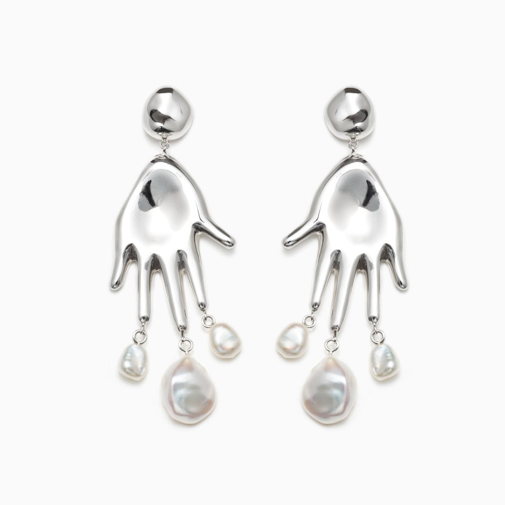 AGMES 0.925 sterling silver hand shaped earrings with pearl drops.