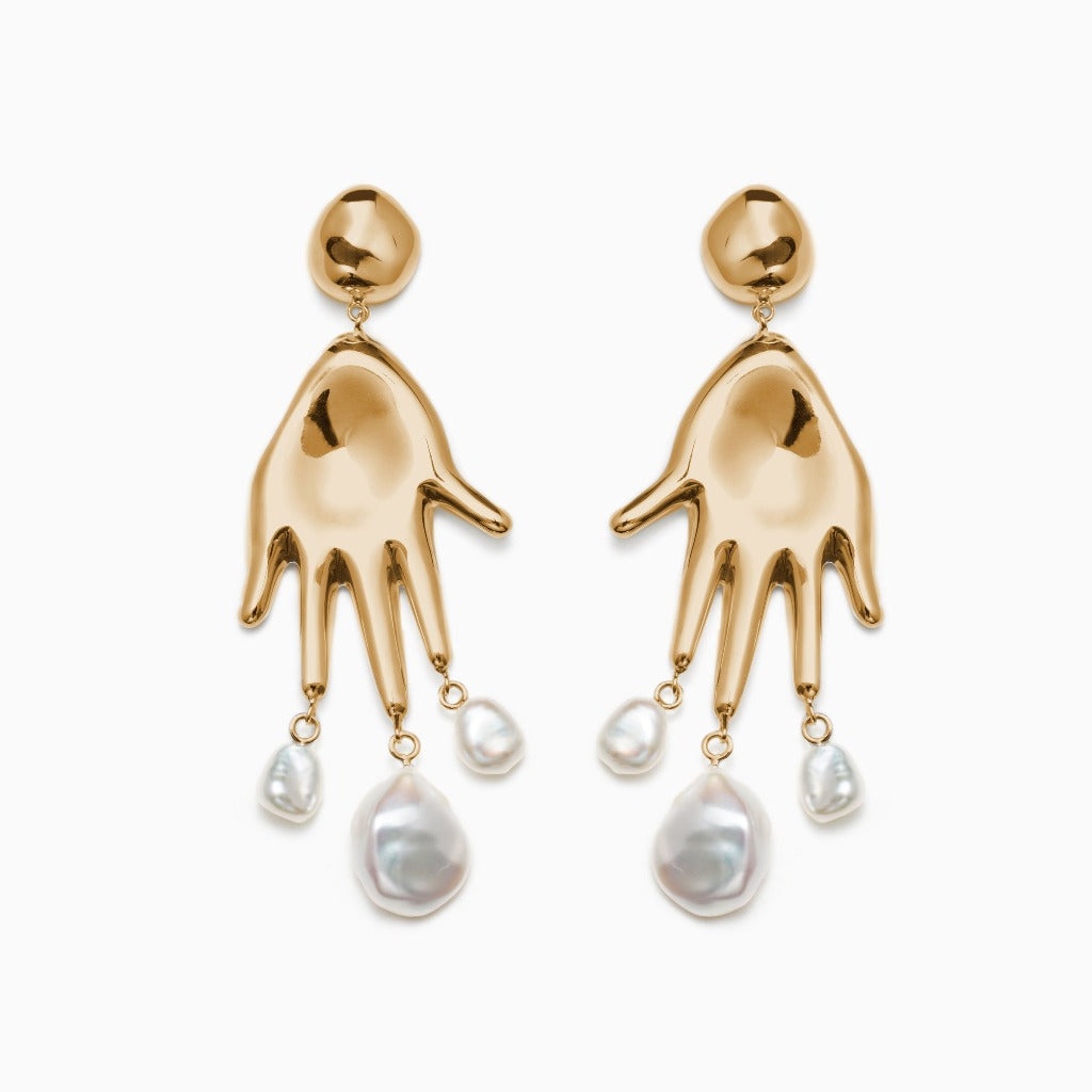 AGMES 18k gold vermeil hand shaped earrings with pearl drops.