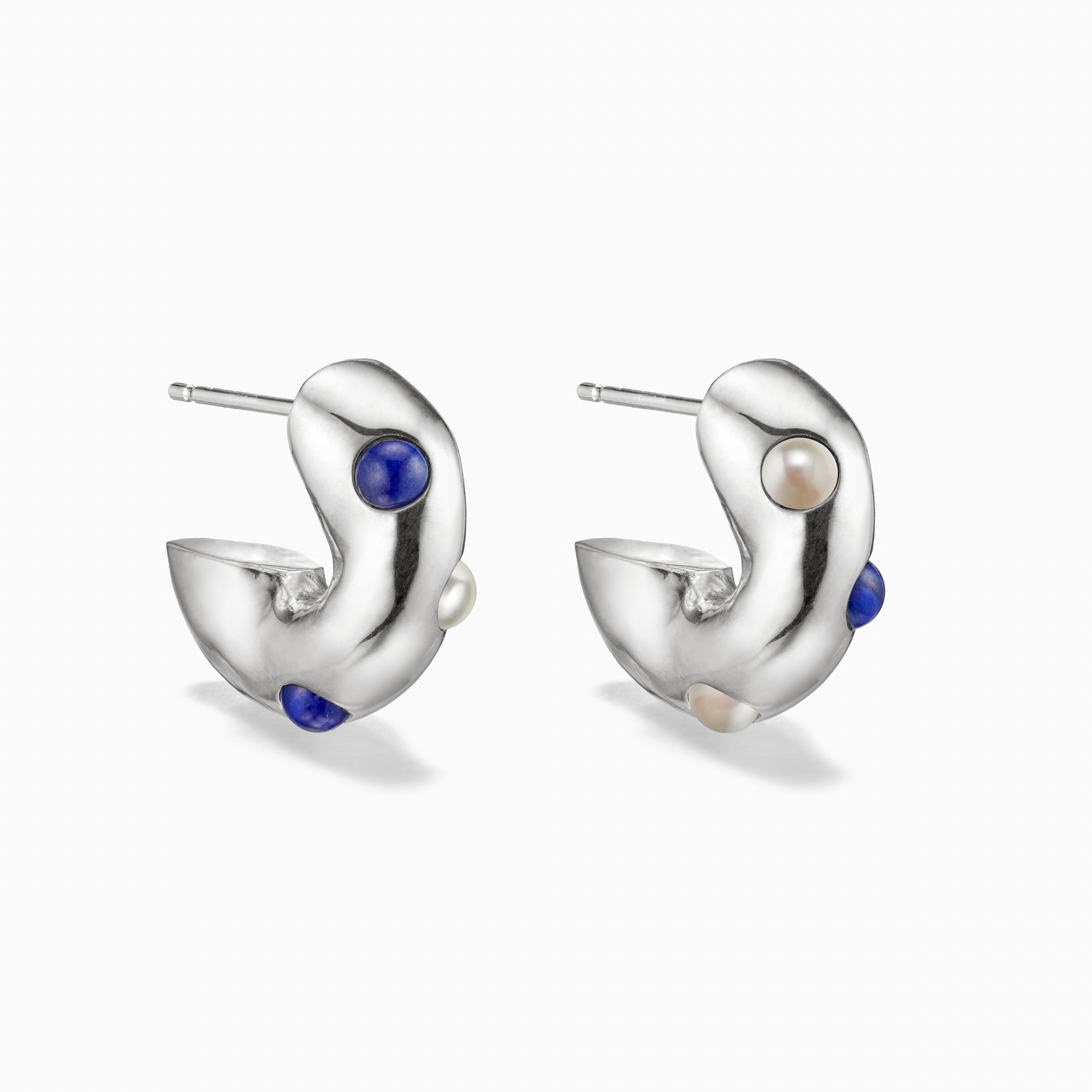 AGMES .925 Sterling Silver Logan Hoop Earrings with Lapis Stone and Freshwater Pearls.