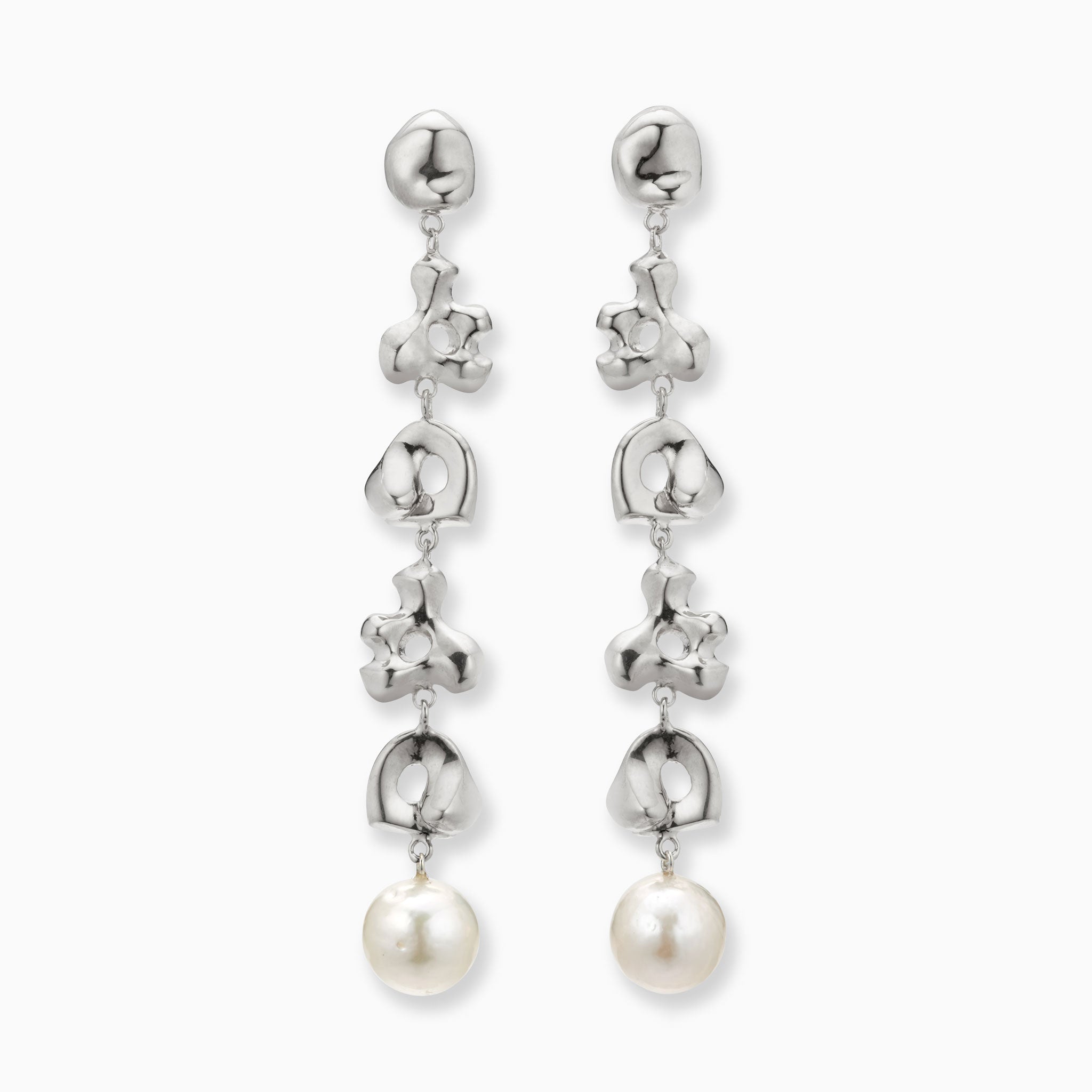 AGMES 0.925 sterling silver long Diane earrings with freshwater drop pearl. Simone Bodmer-Turner.