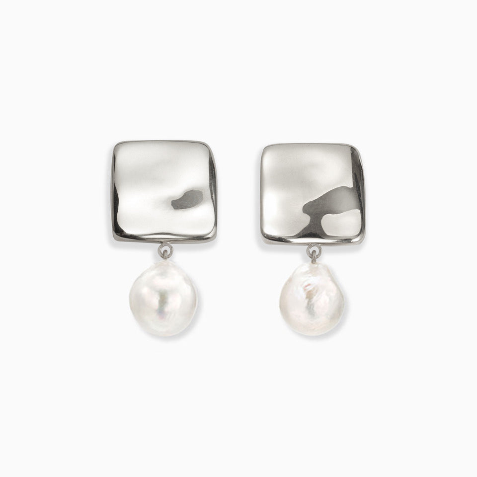 AGMES 0.925 sterling silver square shaped earrings with freshwater pearl drop.