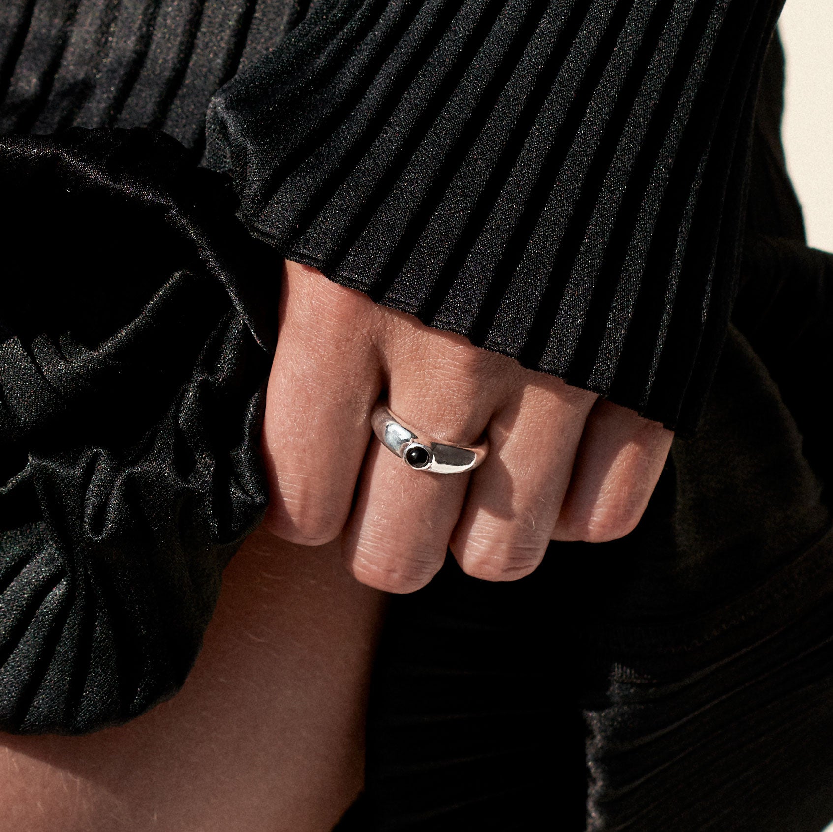 AGMES .925 Sterling Silver Cara Ring with Onyx Stone center.