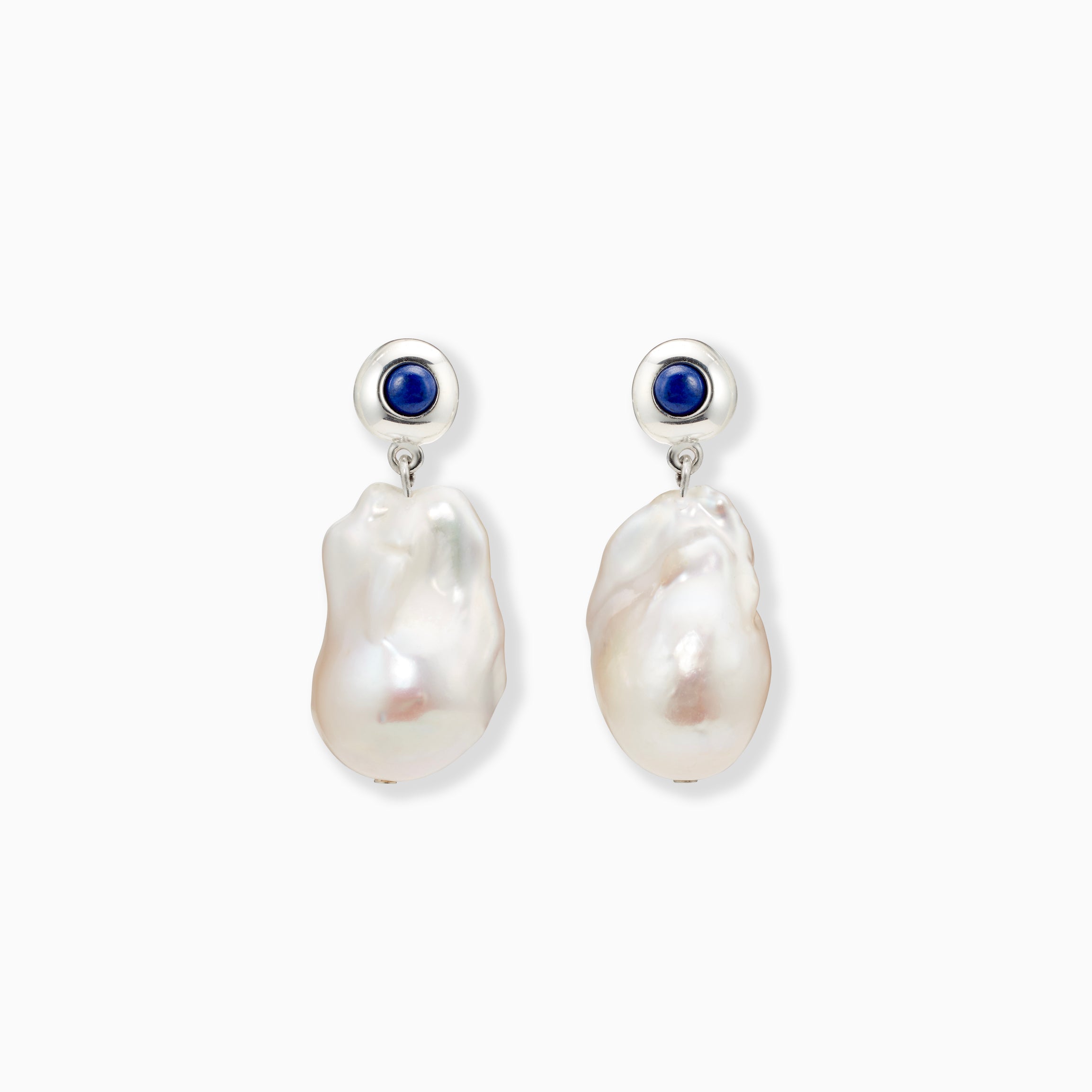 AGMES Rachael Earrings in Sterling Silver with a Baroque pearl, and lapis.
