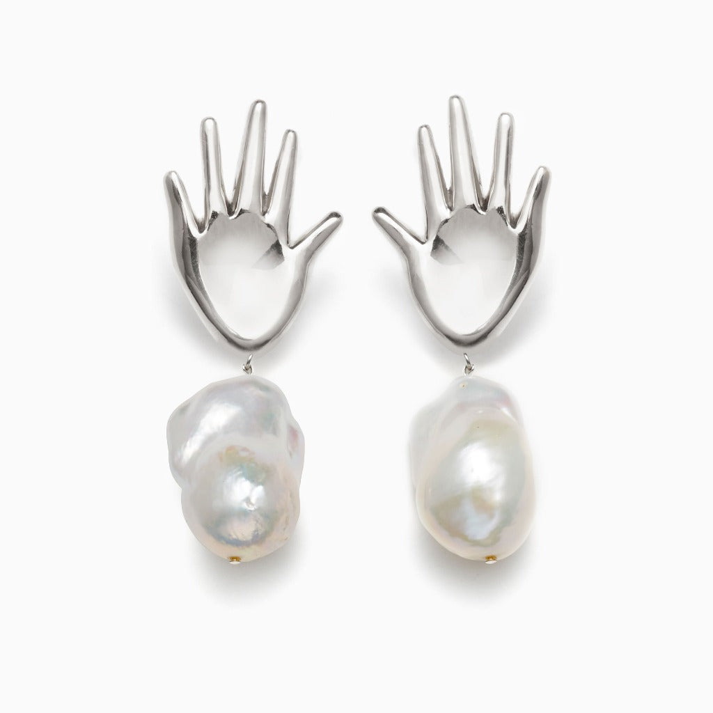 AGMES 0.925 sterling silver abstract hand earrings with baroque freshwater pearl drop.