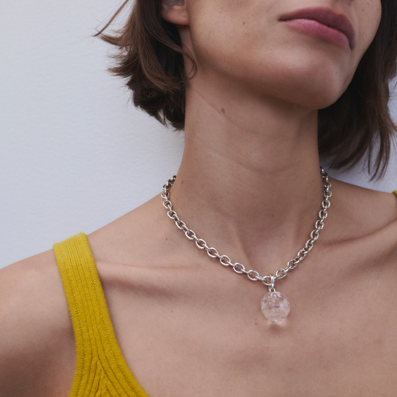 AGMES 0.925 Sterling Silver Zanni Chain Necklace with Clear Soda Lime Glass Bead .