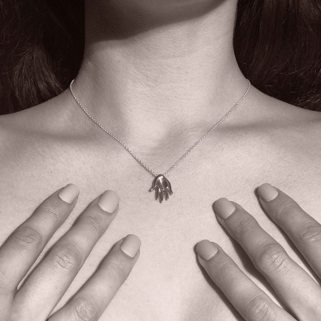 AGMES .925 Sterling Silver Small Dali Pendant on .925 Sterling Silver Chain. Abstract Hand Pendant Necklace.
