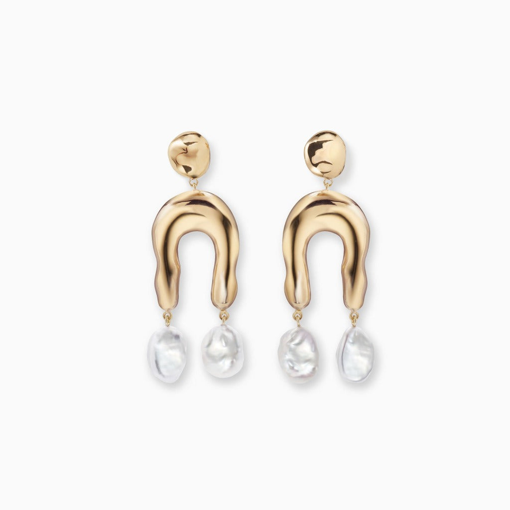 AGMES 18k gold vermeil earrings with sculpted wishbone and freshwater pearl drop.