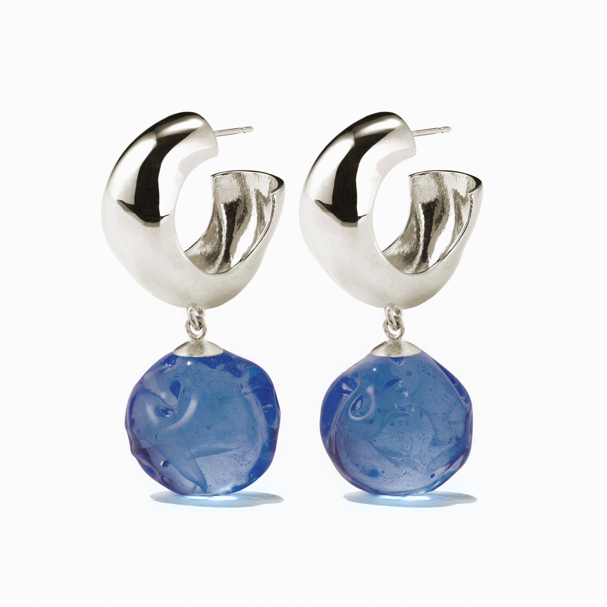 AGMES 0.925 sterling silver small Cleo hoop earrings with blue glass beads.