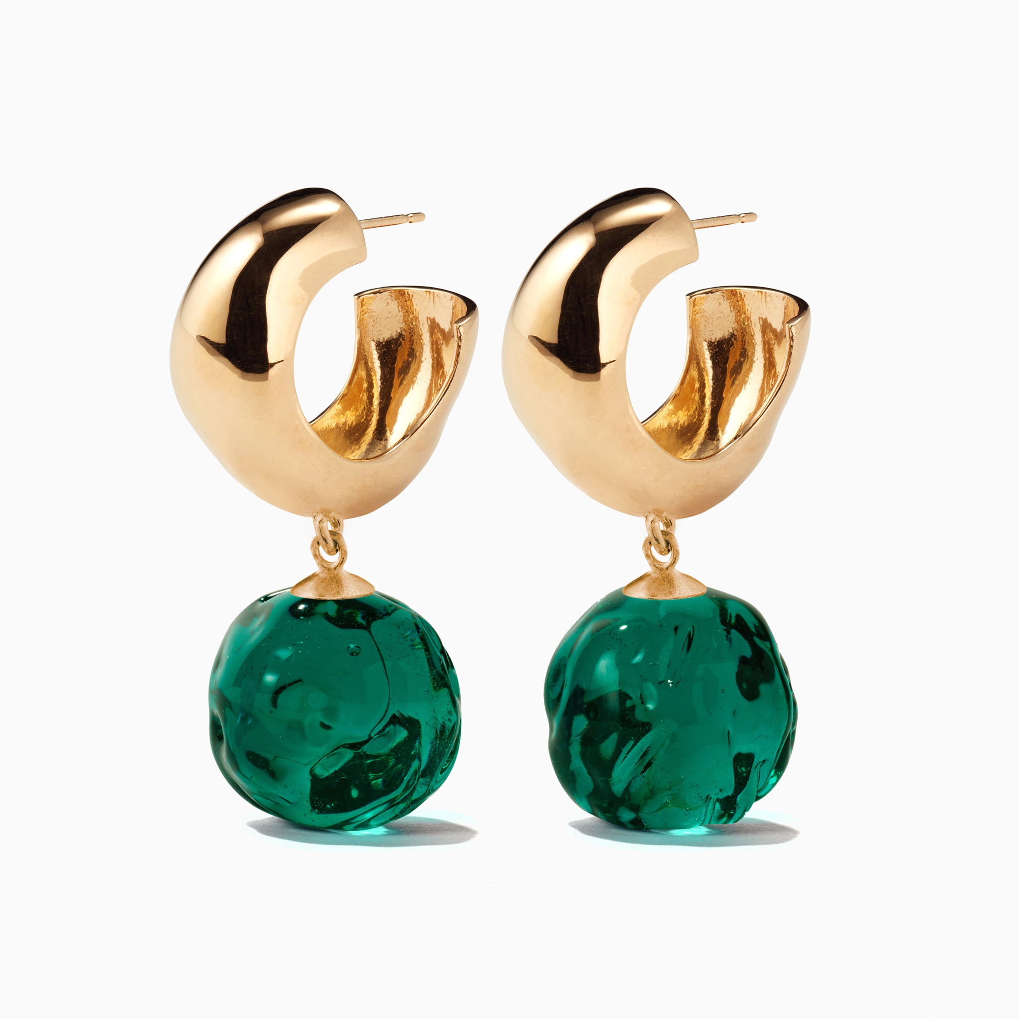 AGMES yellow gold vermeil small Cleo hoop earrings with green glass beads.