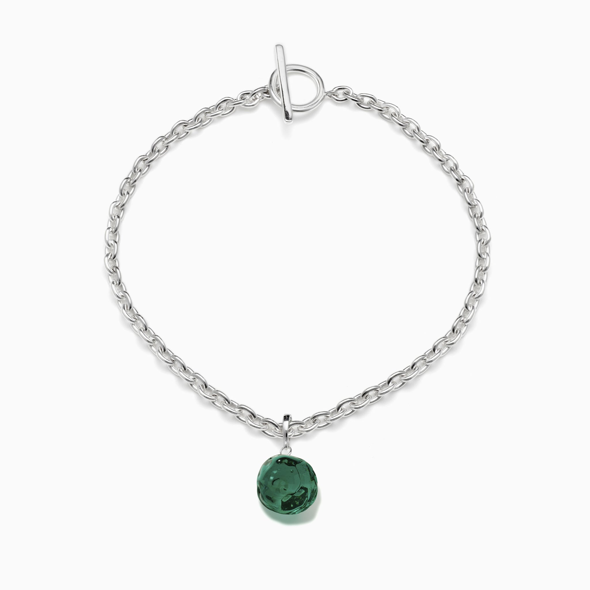 AGMES 0.925 Sterling Silver Zanni Chain Necklace with Green Soda Lime Glass Bead .