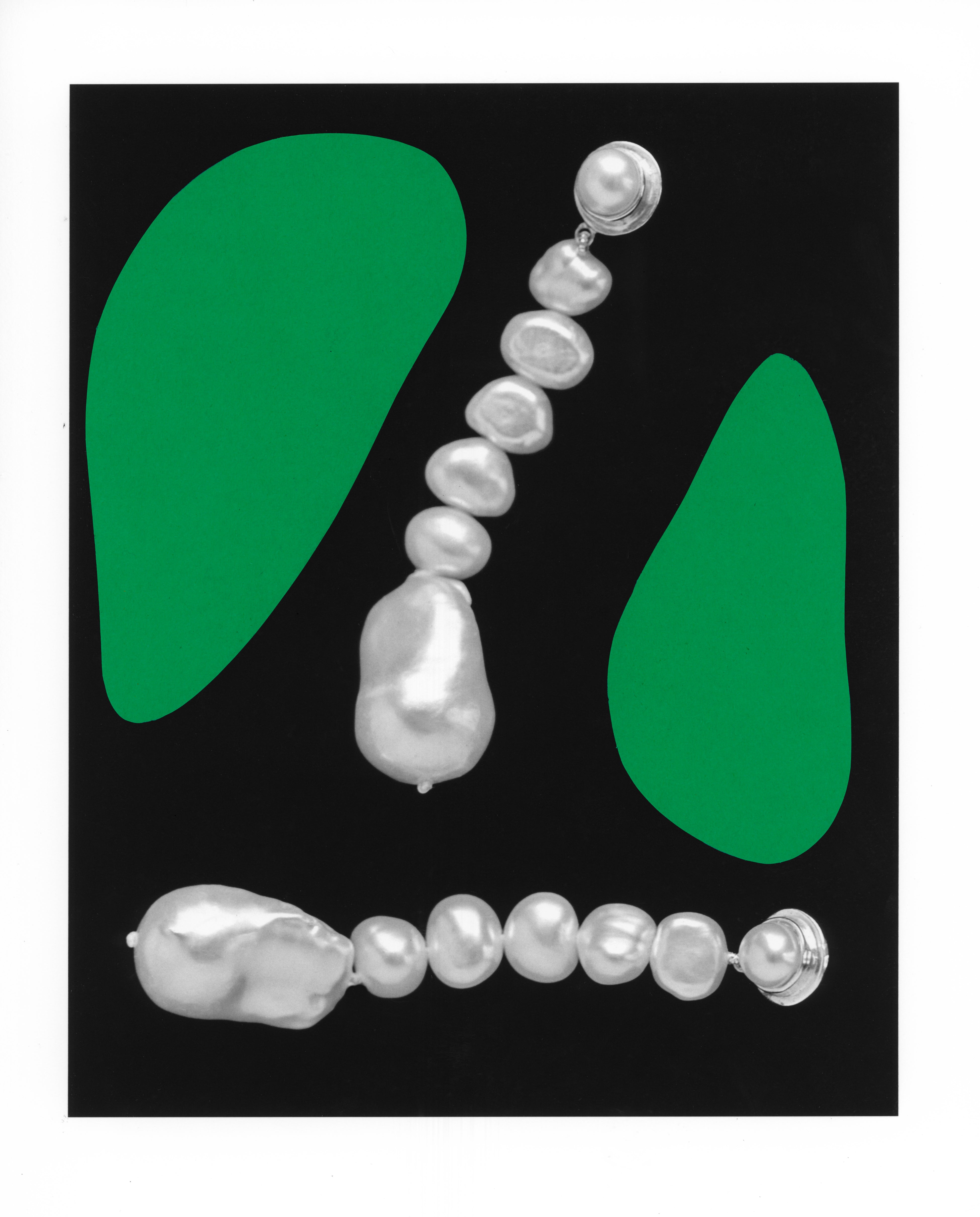 AGMES pearl drop earrings 0.925 sterling silver collaged with green ovals on black background.