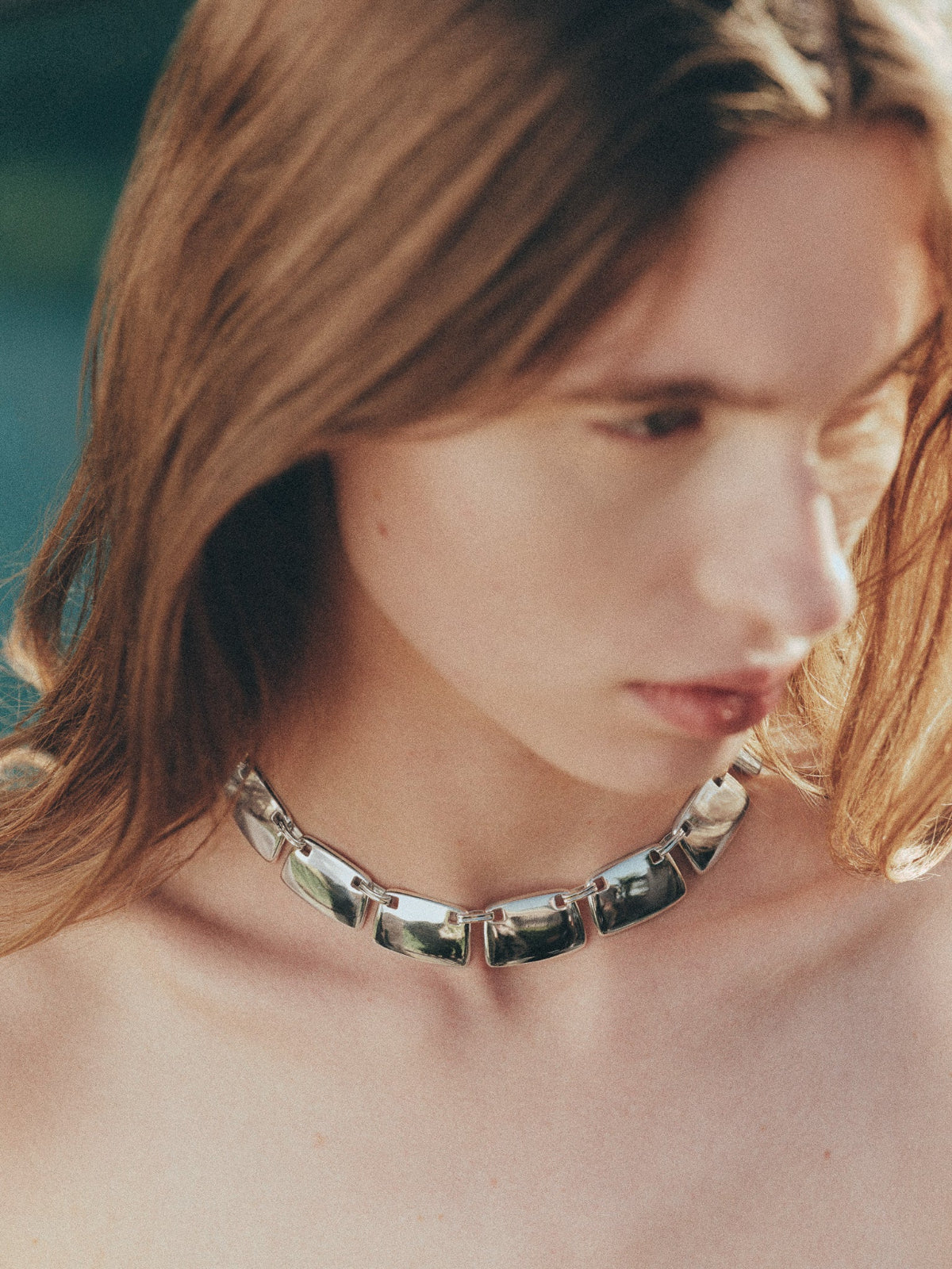 Woman wearing AGMES 0.925 Sterling Silver Grace Collar. 