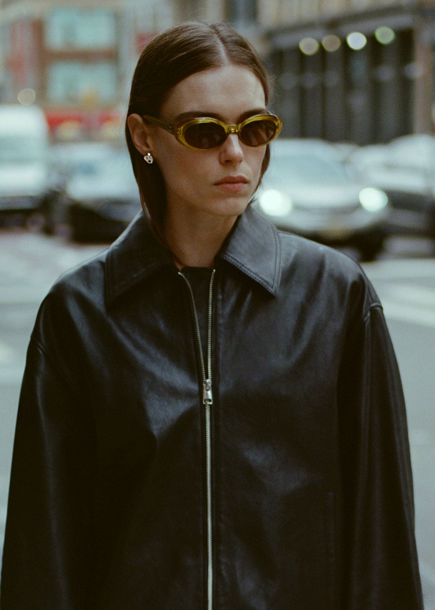 Model wearing .925 sterling silver Small Gia Stud earrings