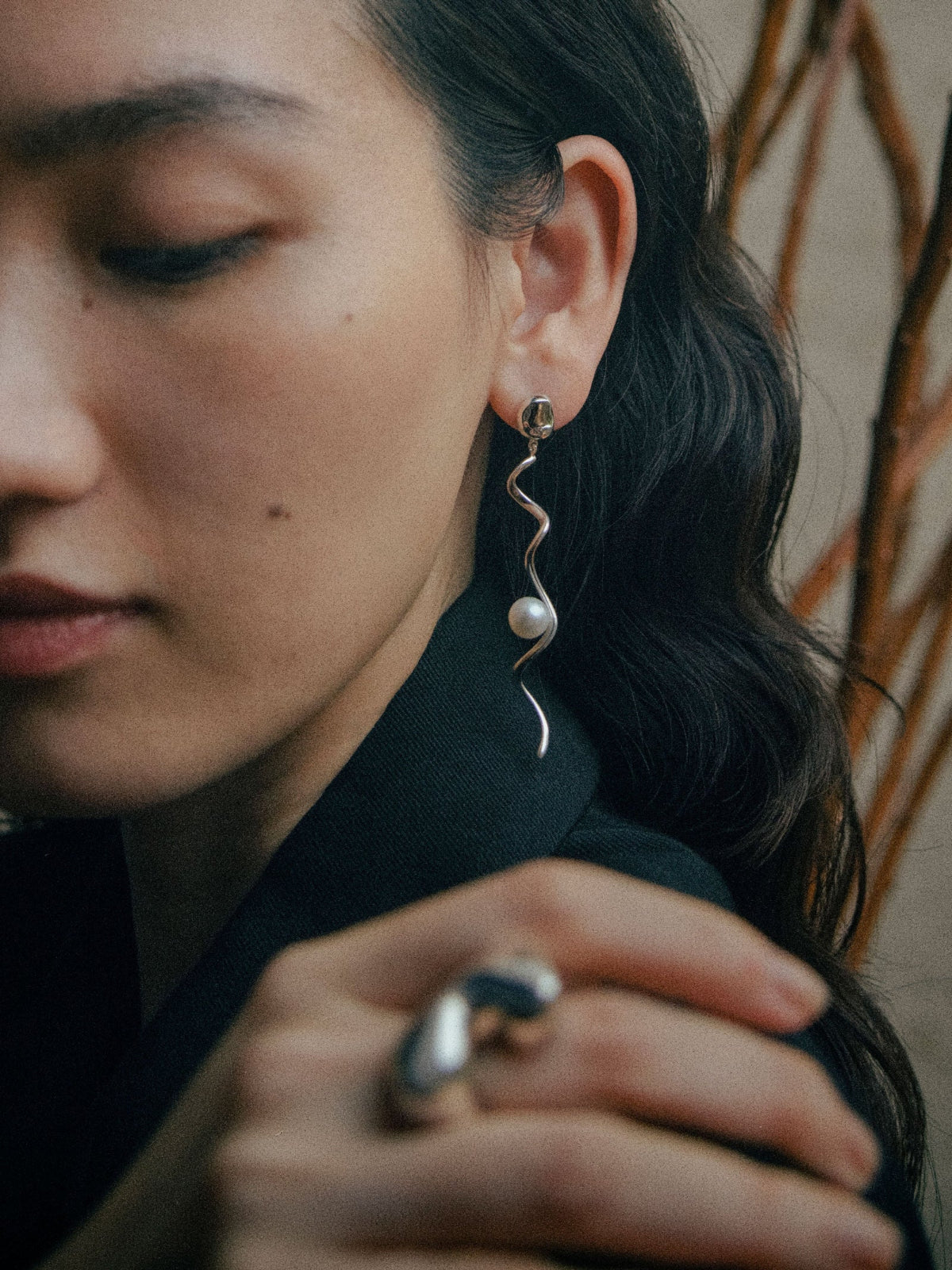 AGMES Teneille Earrings .925 Sterling Silver with freshwater pearls 2.8" long. 