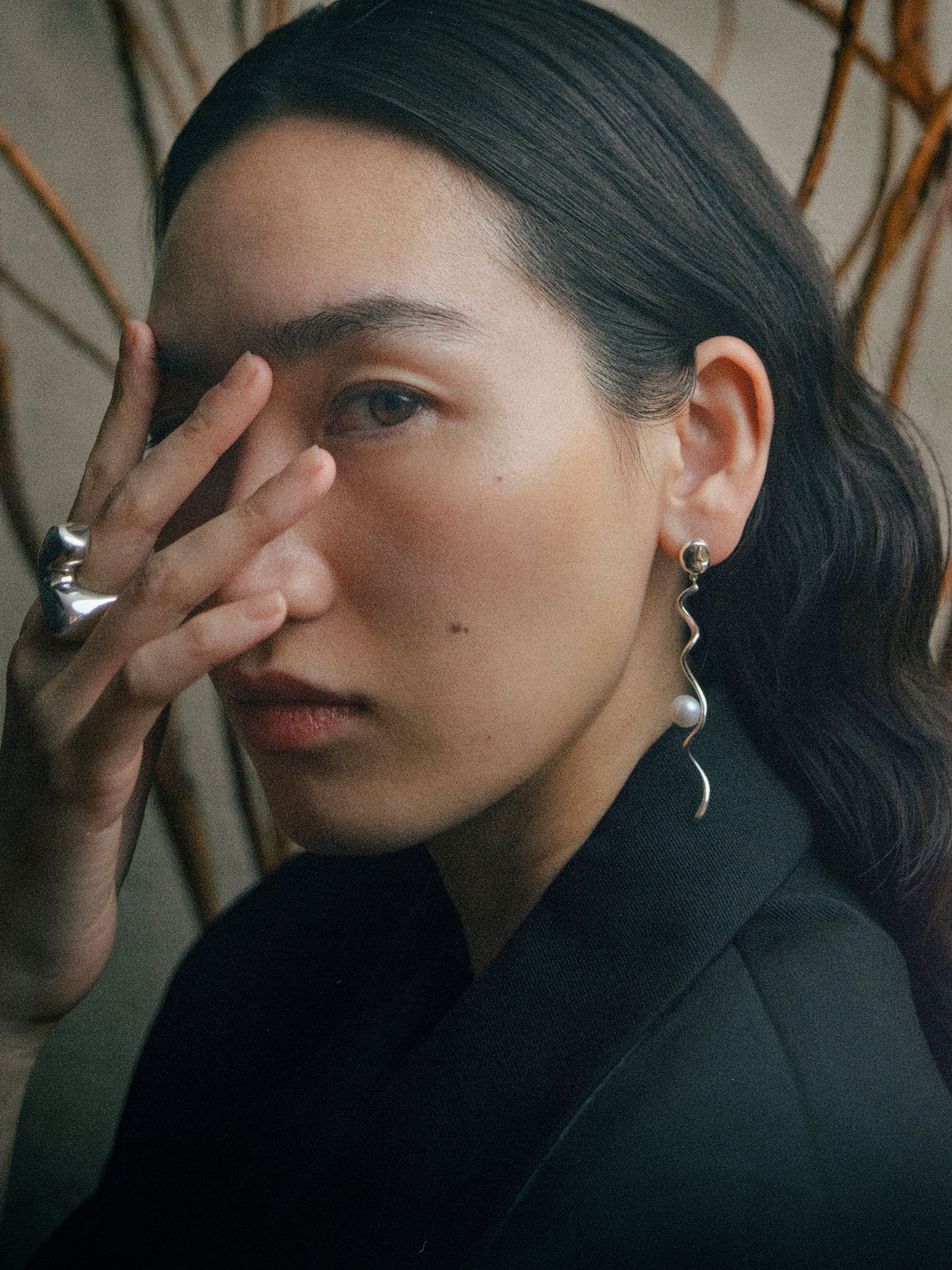 AGMES Teneille Earrings .925 Sterling Silver with freshwater pearls 2.8" long. 