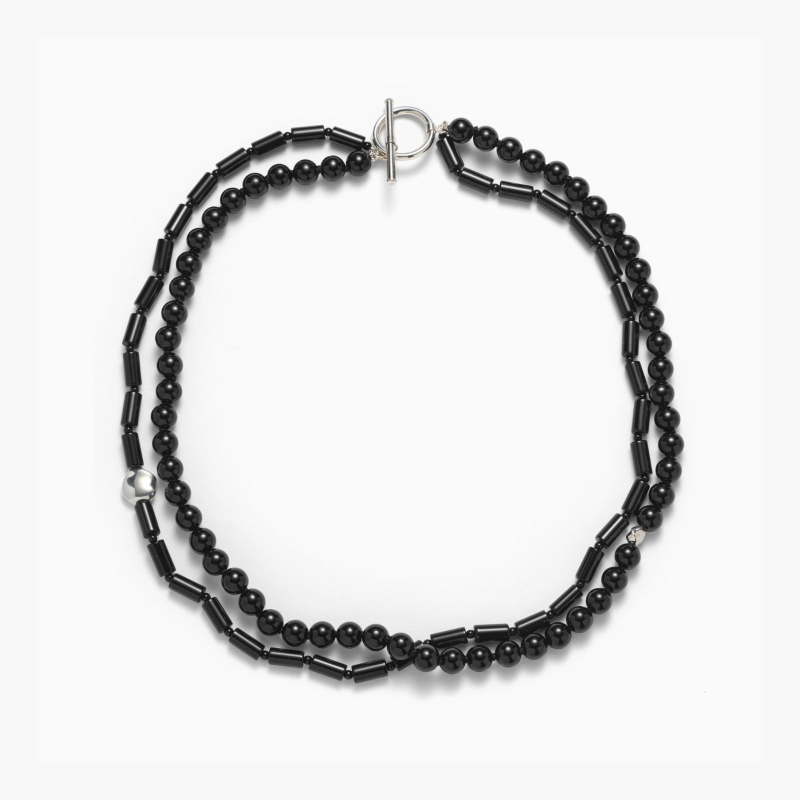 Black onyx beaded double strand necklace with .925 sterling silver accents on white background