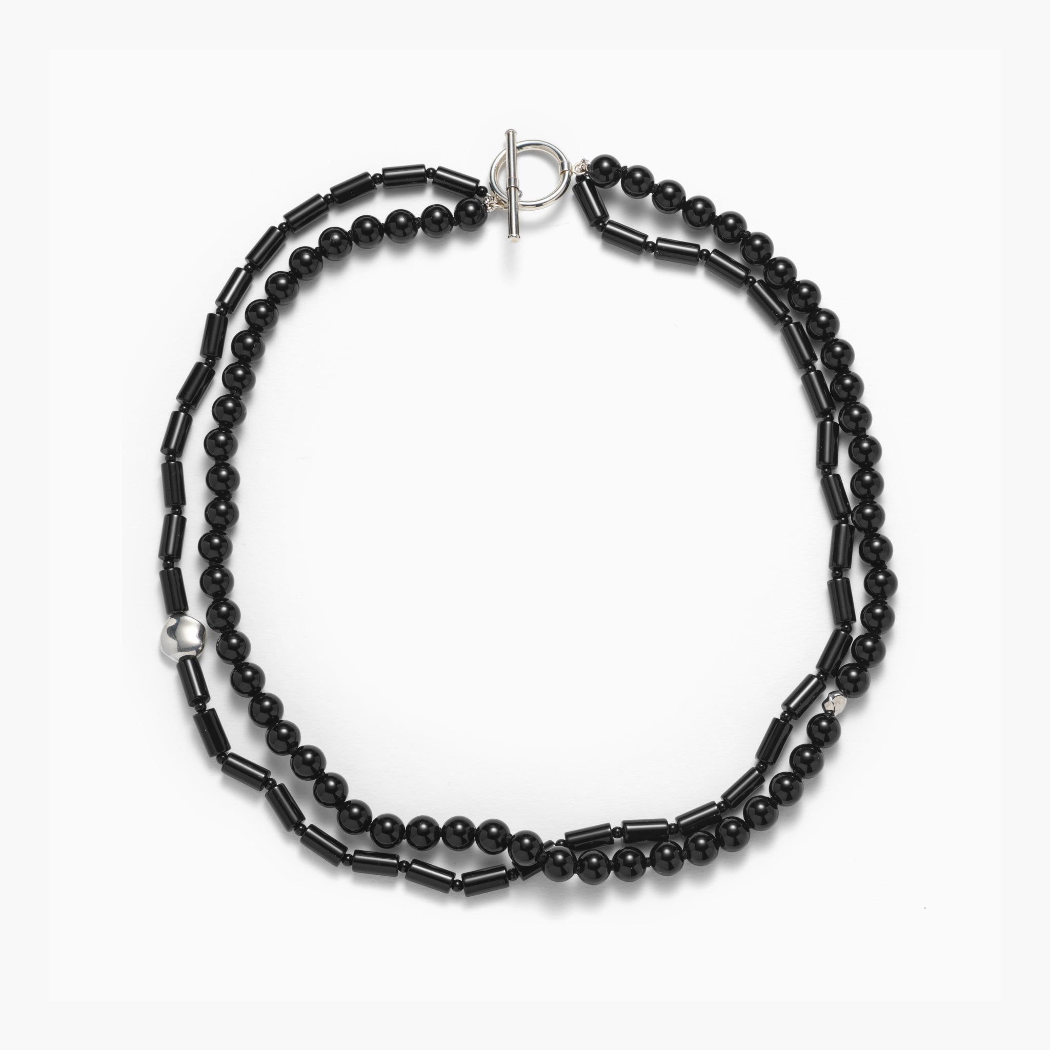 Black onyx beaded double strand necklace with .925 sterling silver accents on white background