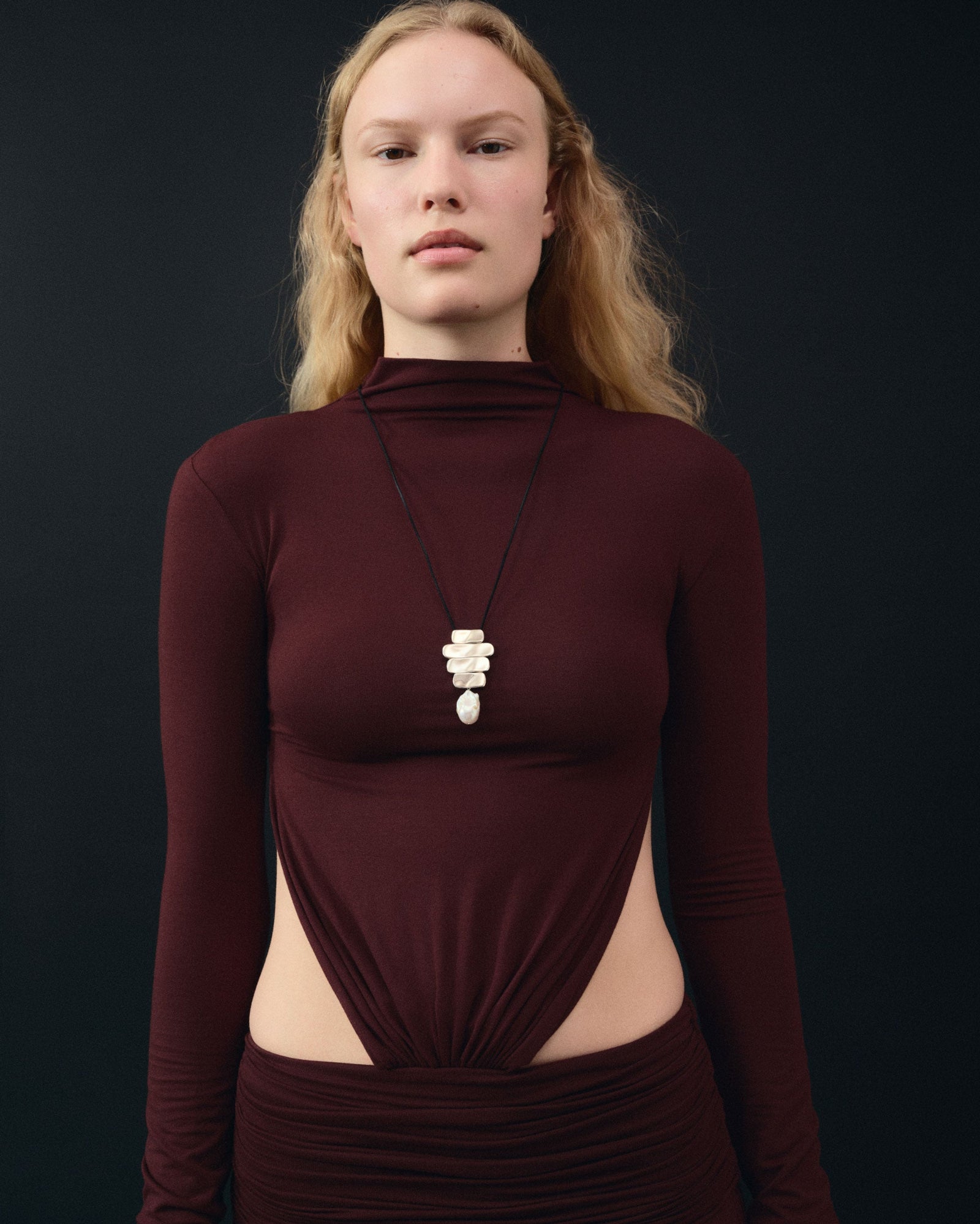 AGMES 18k yellow gold vermeil Baroque Ilona Pendant with freshwater pearl drop on black suede cord 