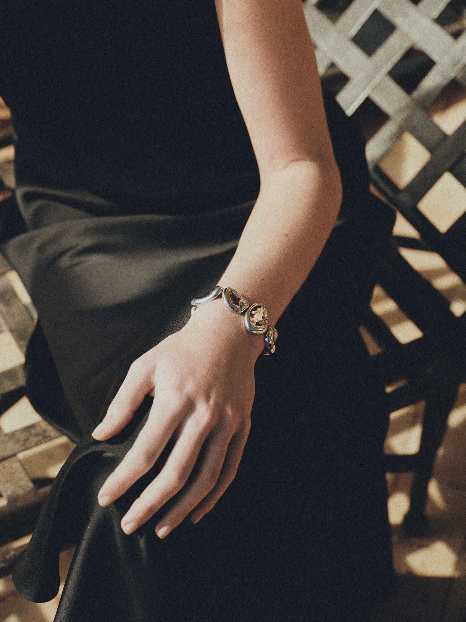 Person wearing AGMES 0.925 sterling silver Conie Bracelet. T-Bar Clasp