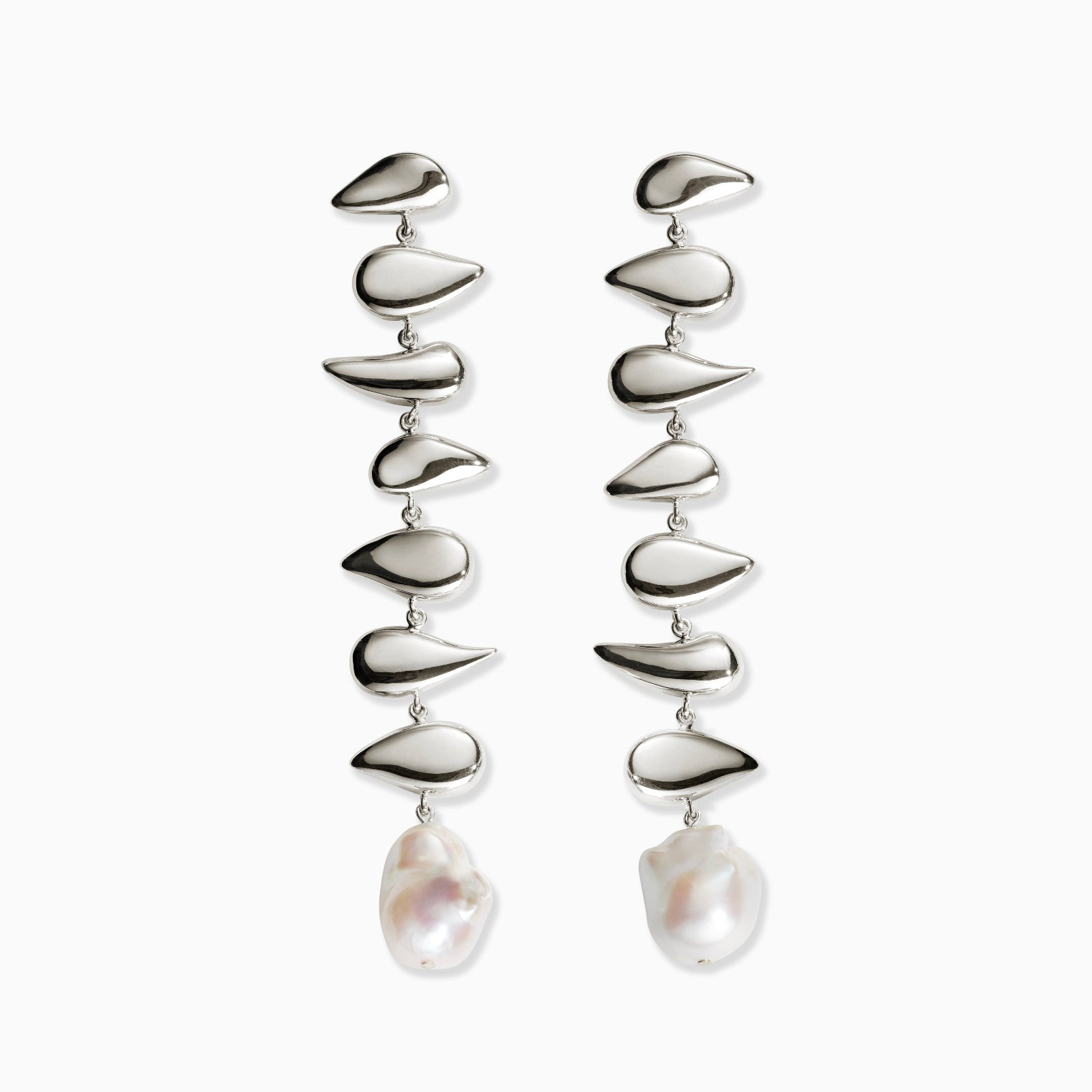 AGMES 0.925 sterling silver long drop pearl Florence earrings on white background.