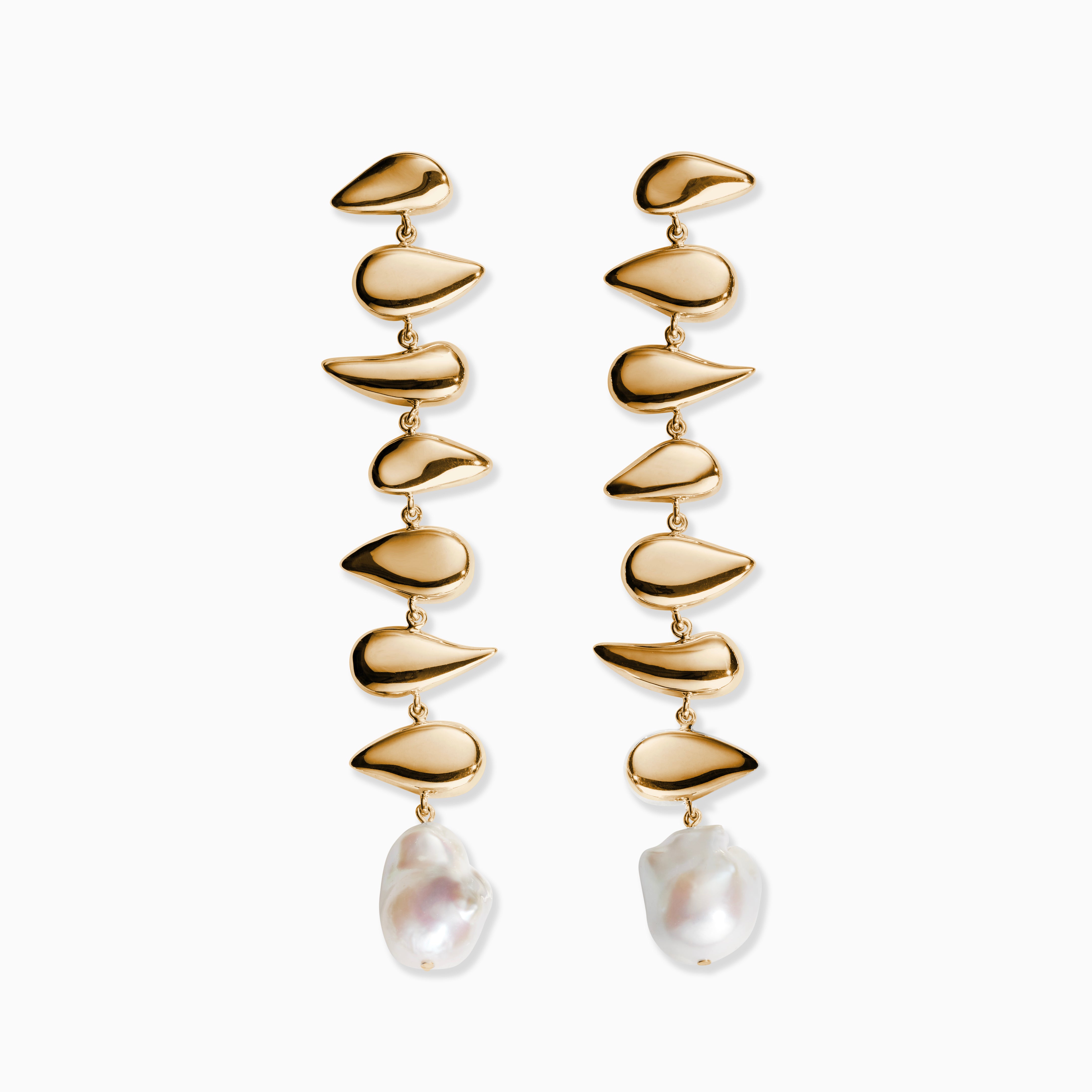 AGMES yellow gold vermeil long drop freshwater pearl Florence earrings on white background.
