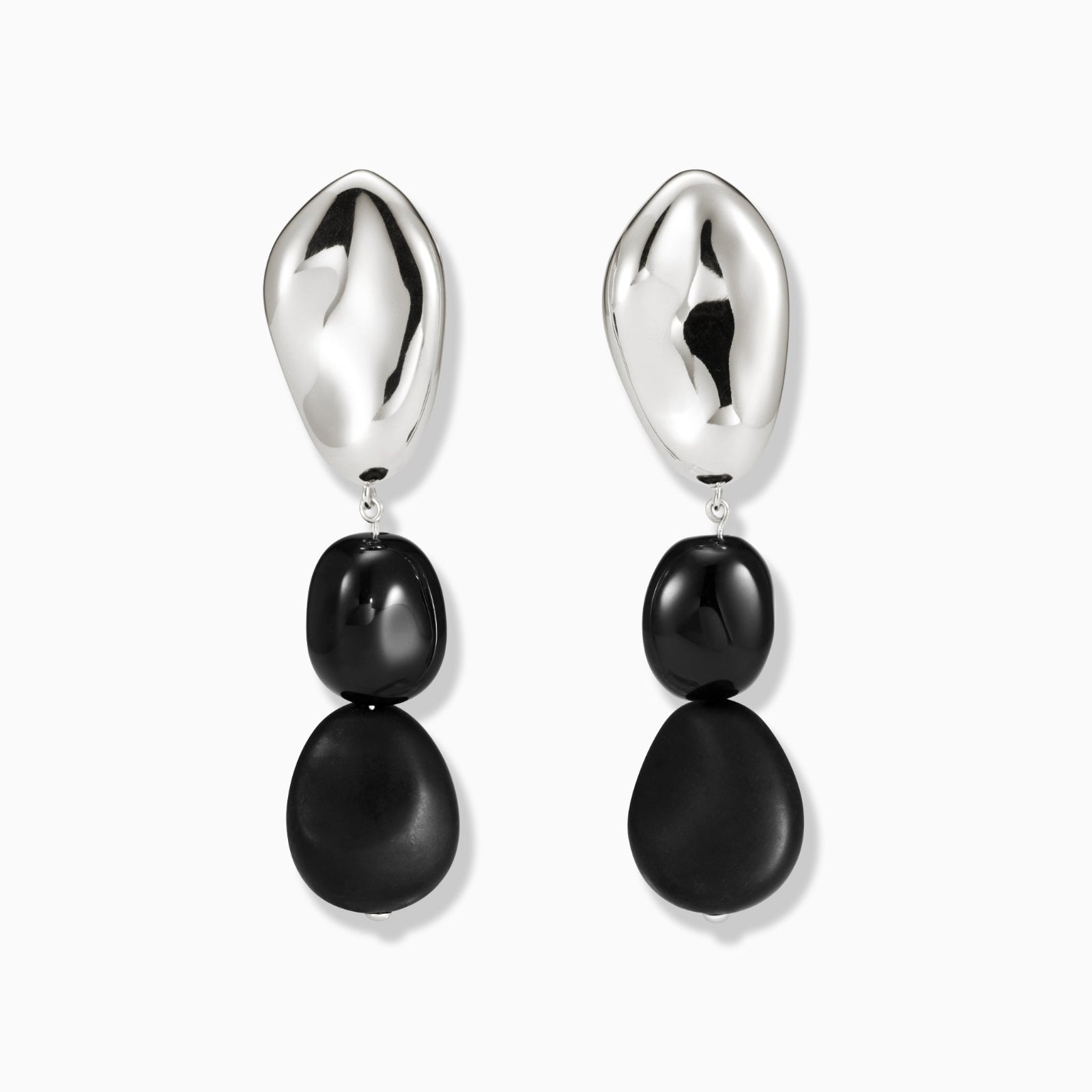 AGMES .925 sterling silver oval shaped earrings with double black onyx bead drop on white background