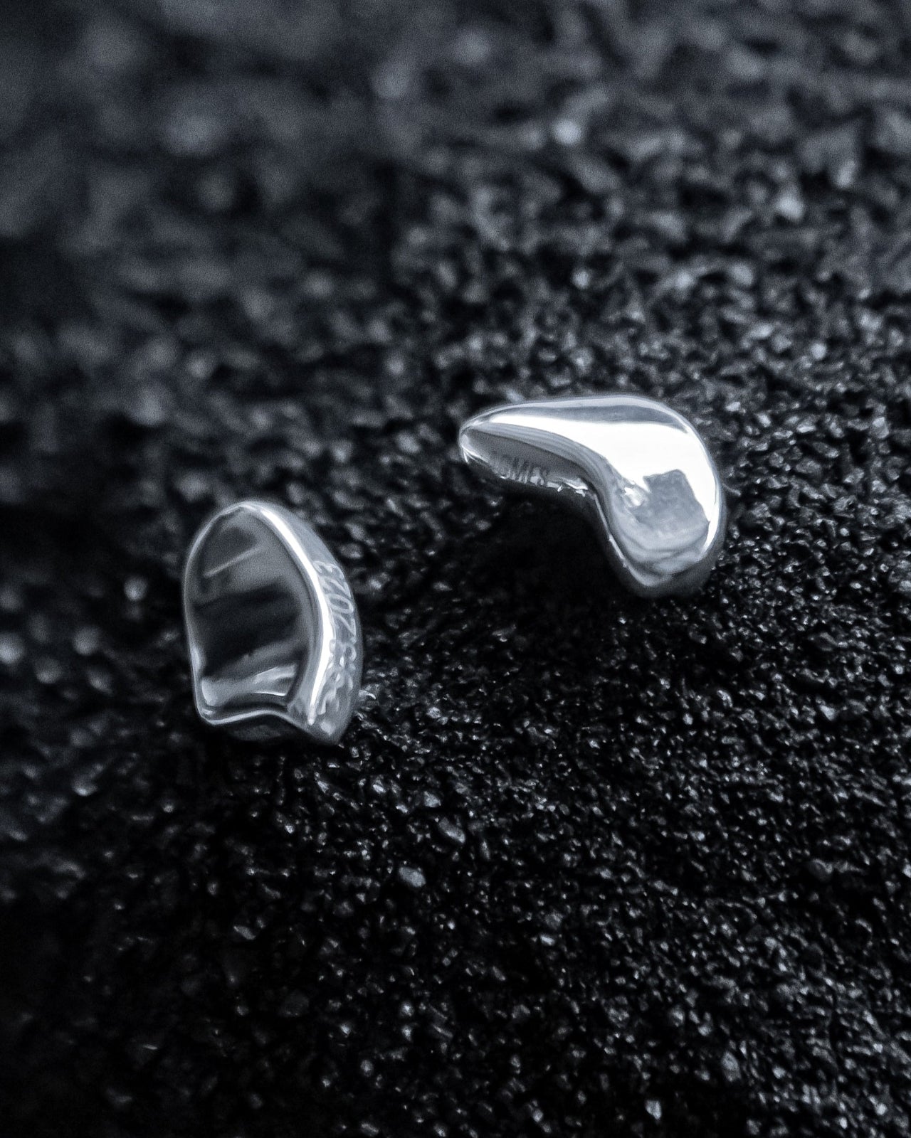AGMES .925 Sterling Silver Sum of Parts Brooch set on black sand. Set of two with custom engravings. 