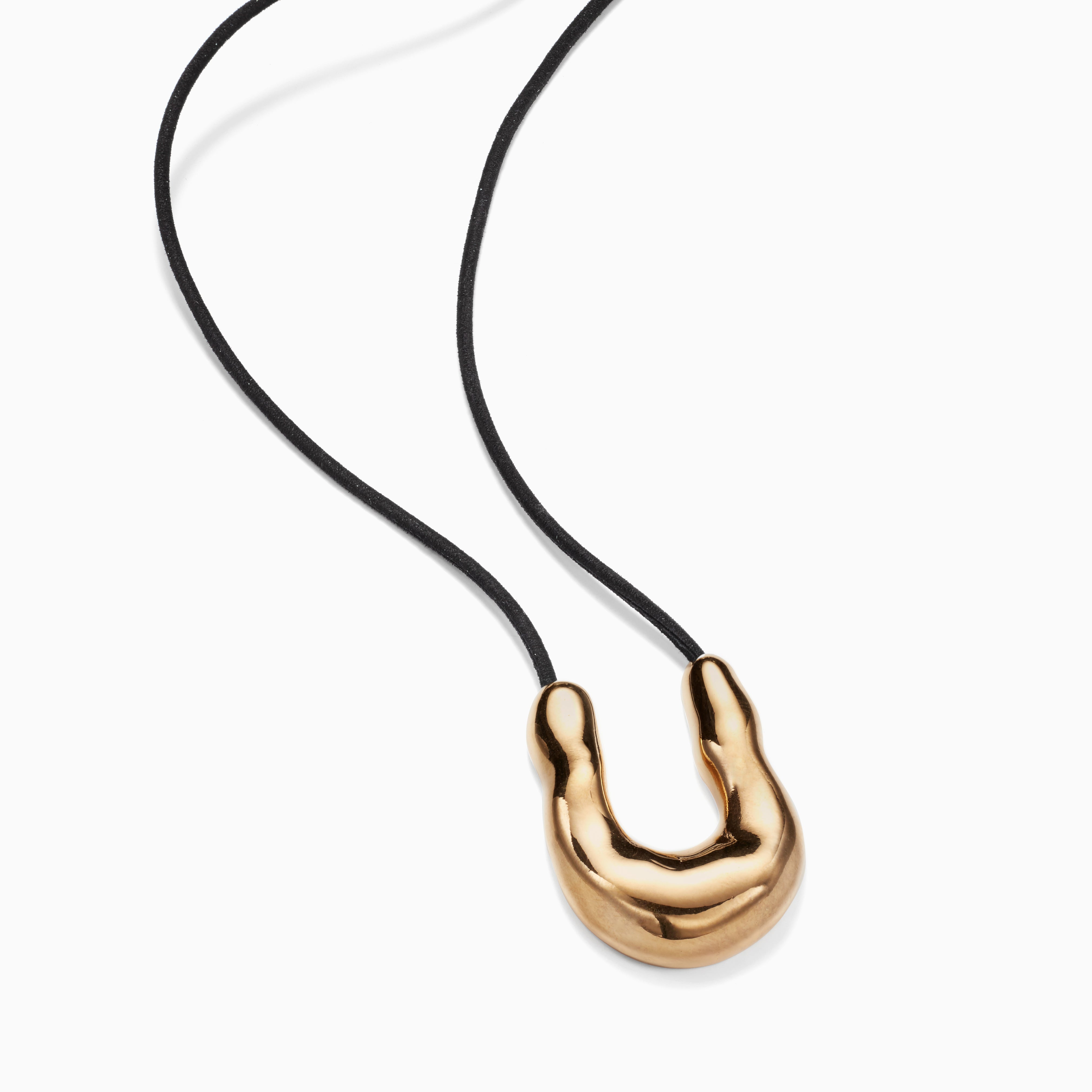 AGMES 18k Gold Vermeil Wishbone Pendant on Black Suede Cord.