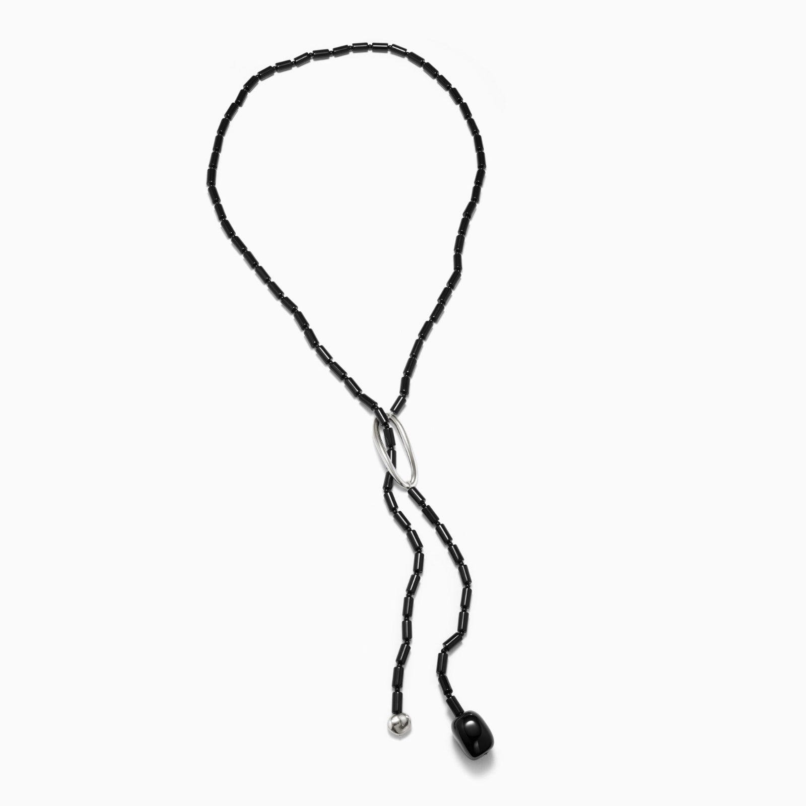 Black Onyx beaded lasso lariat style necklace with sterling silver accents on white background