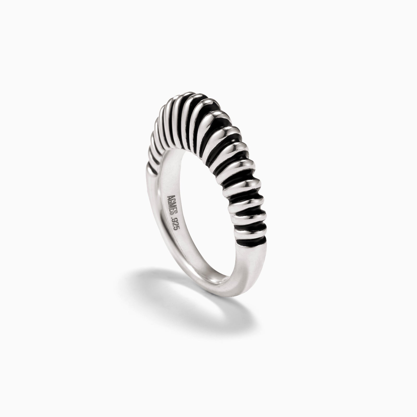 AGMES 0.925 sterling silver ridged Bertrand Ring on white background.