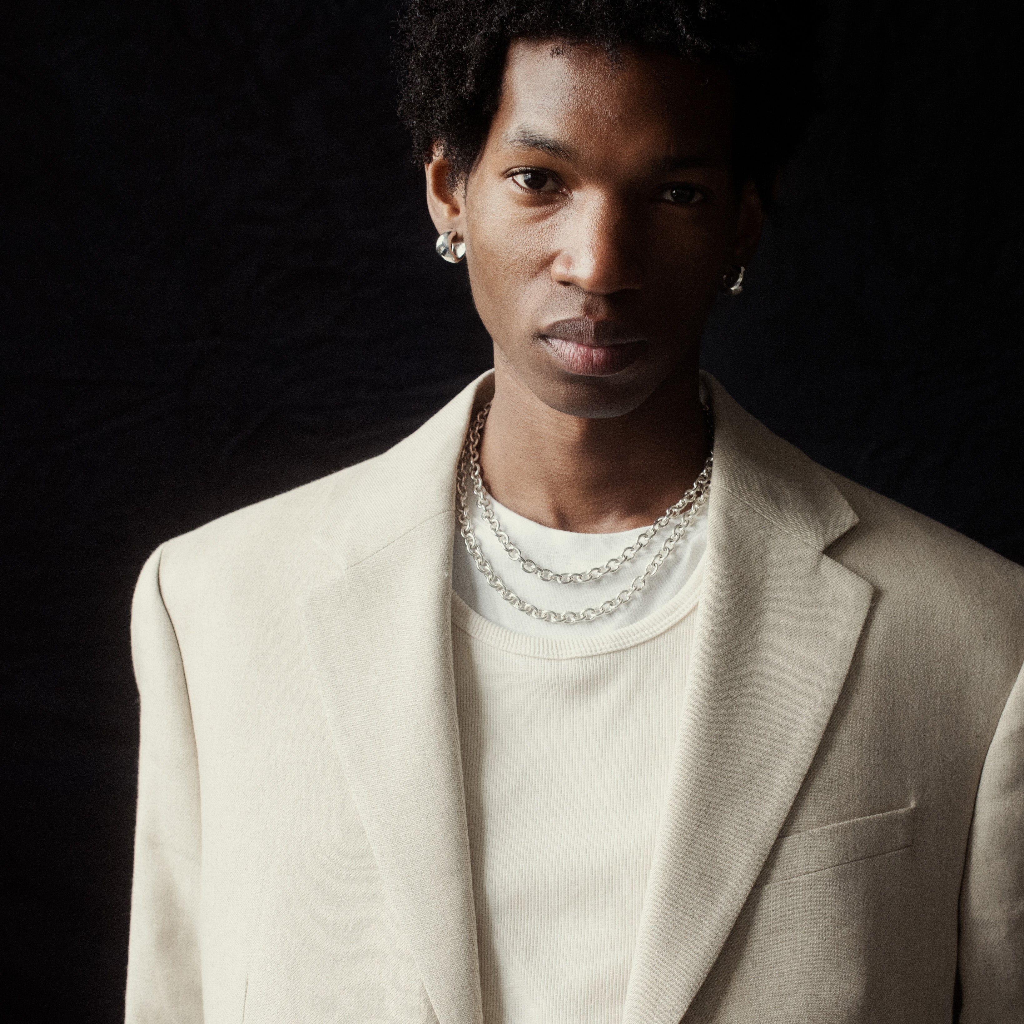 Man wearing AGMES .925 Sterling Silver Classic Chain Necklace with T-Bar Clasp.