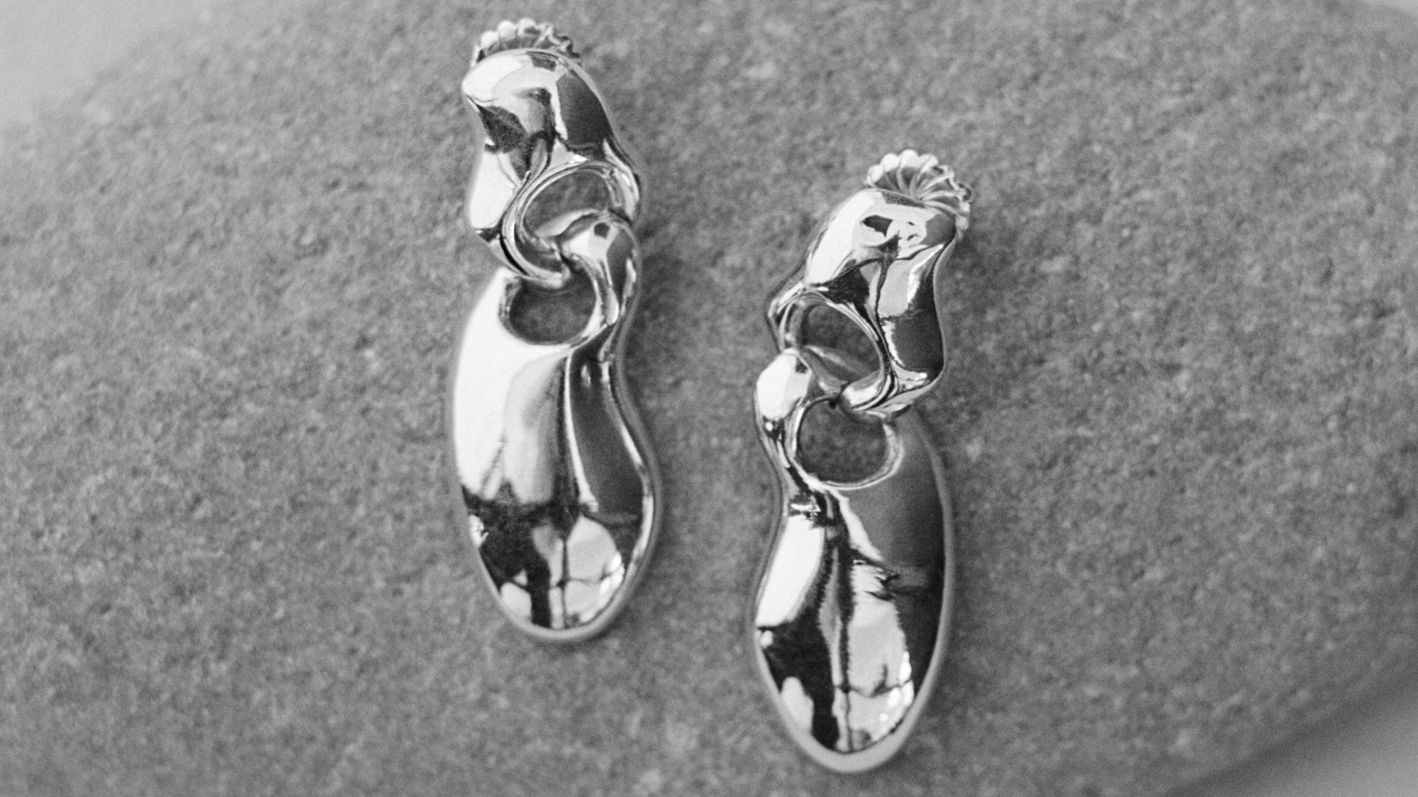 AGMES .925 sterling silver sculptural organic drop Francesca Earrings. Black and white image.
