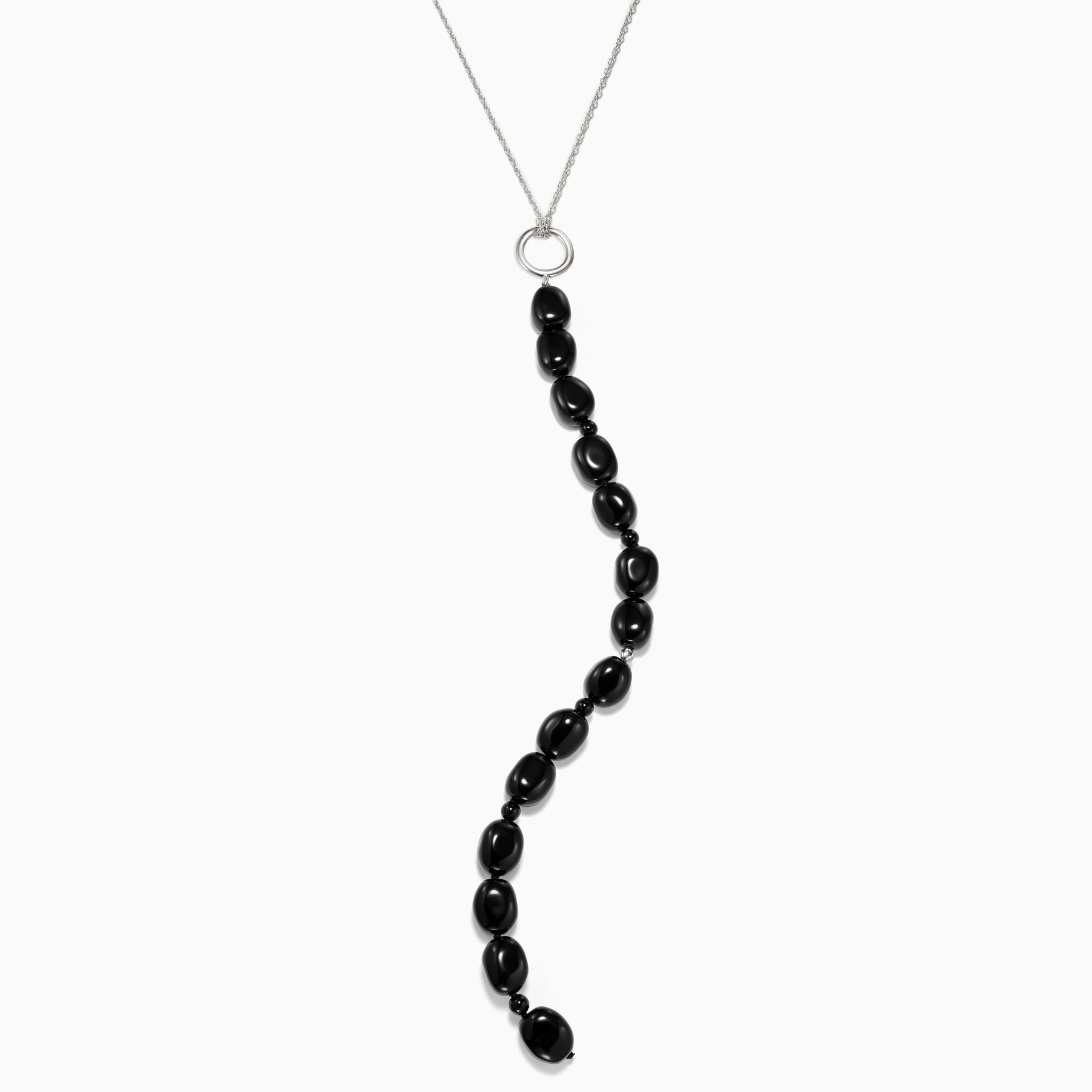 Black Onyx beaded pendant drop necklace on sterling silver chain on white background
