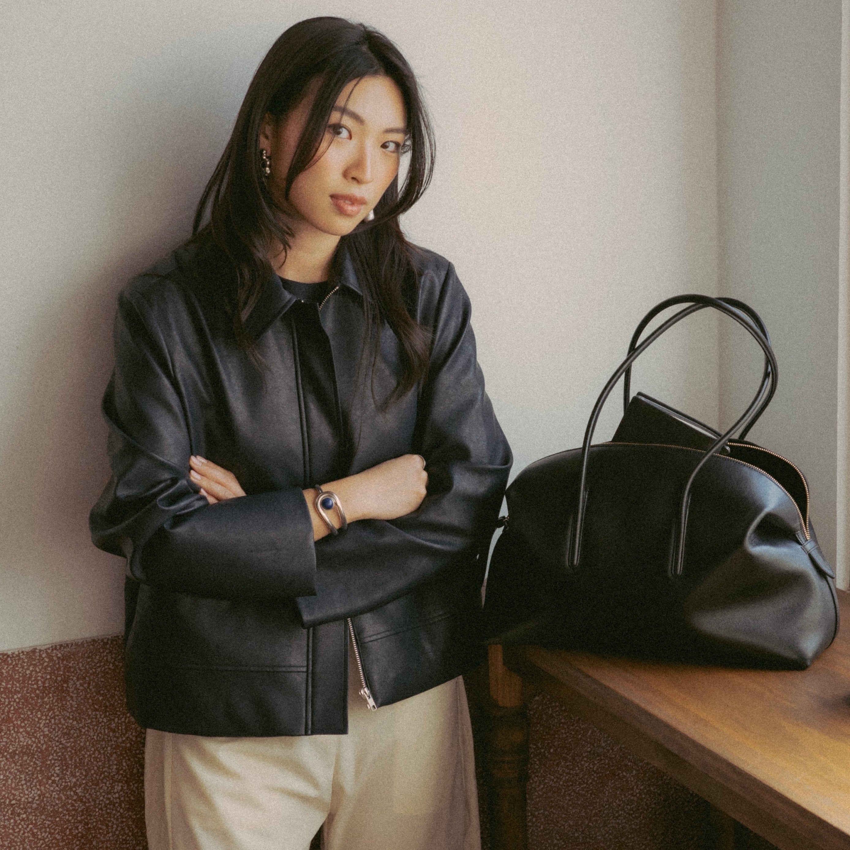 Michelle Lin wearing .925 sterling silver Becky Cuff bracelet with Onyx stone accent