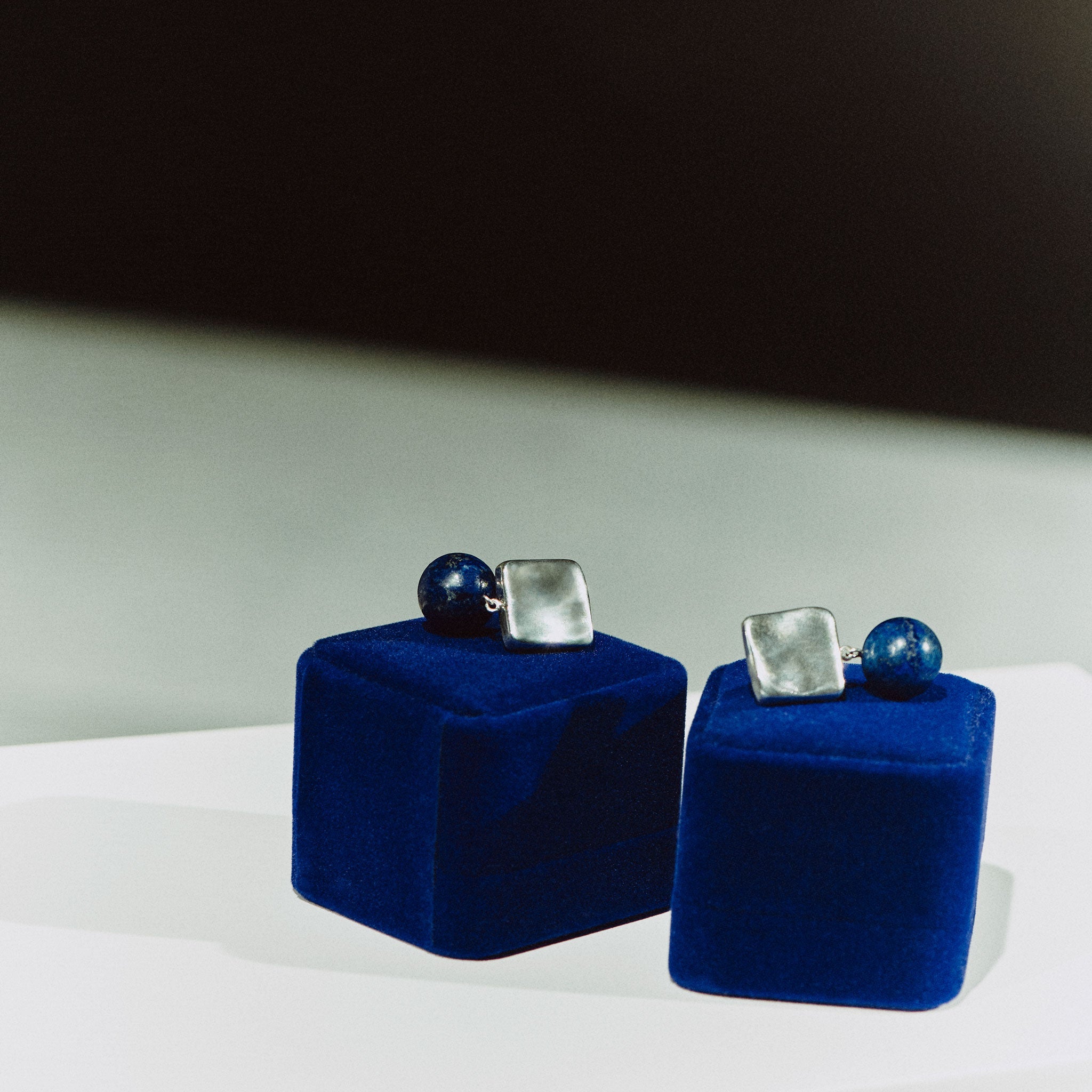 AGMES 925 sterling silver Luca Earrings with Lapis Quartz drop beads.