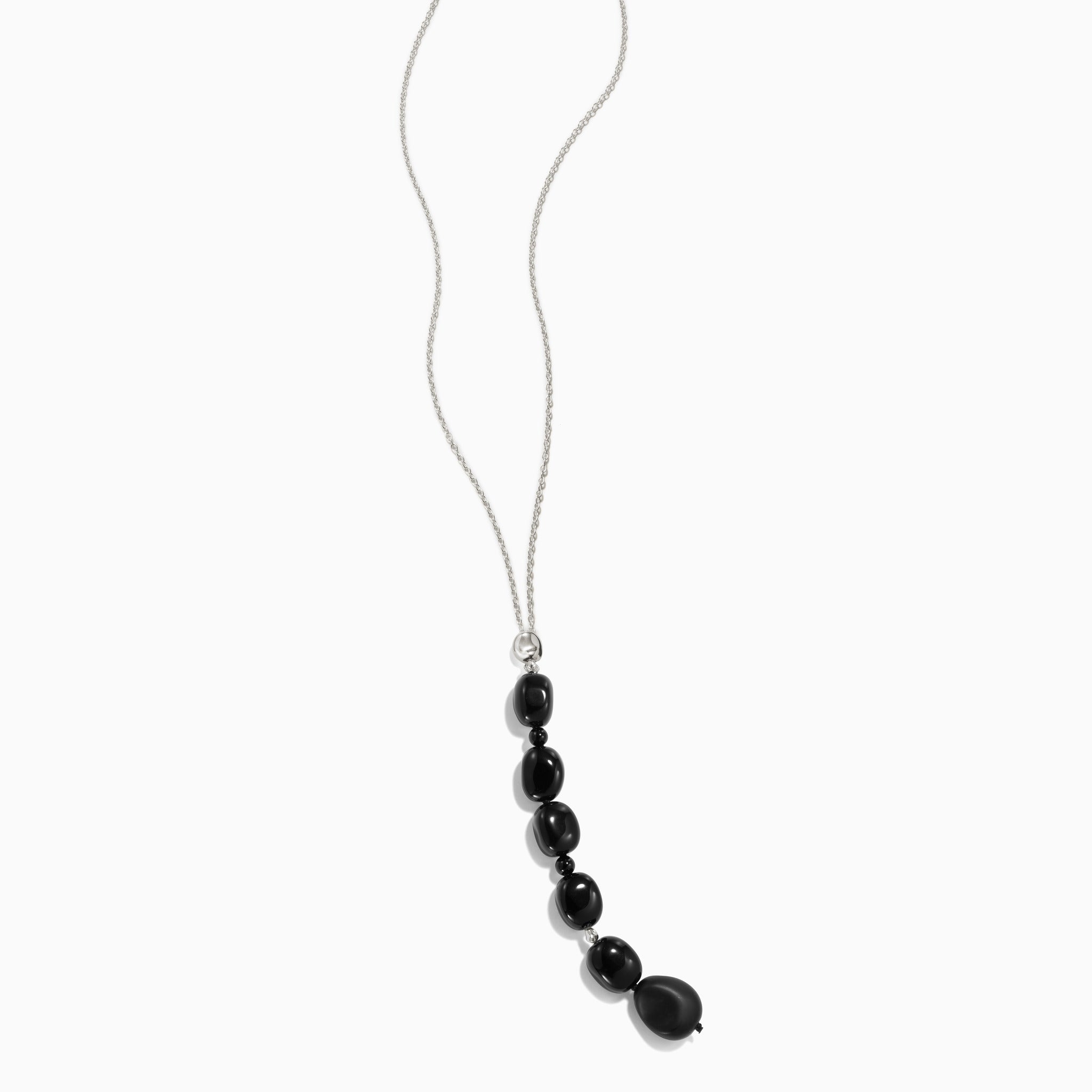 Black Onyx beaded pendant drop necklace on sterling silver chain on white background