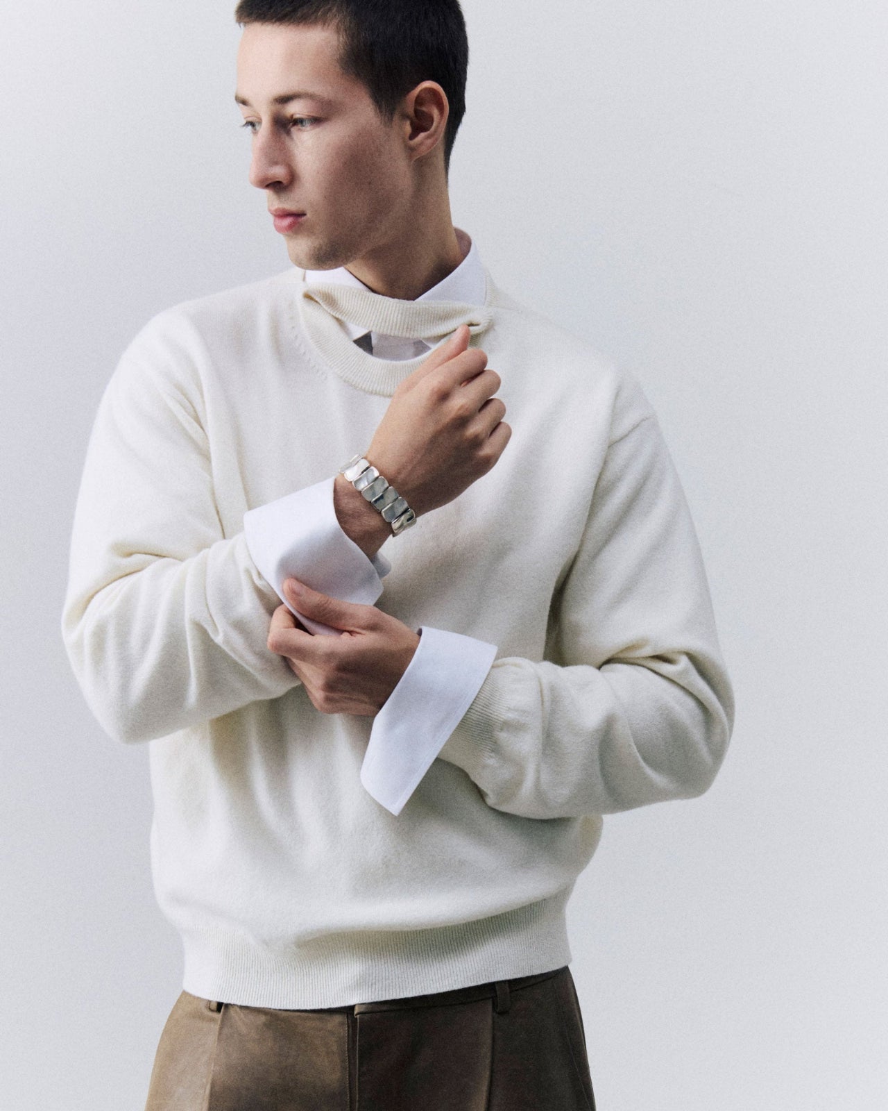 Male model wearing AGMES .925 sterling silver Short Ilona Bracelet