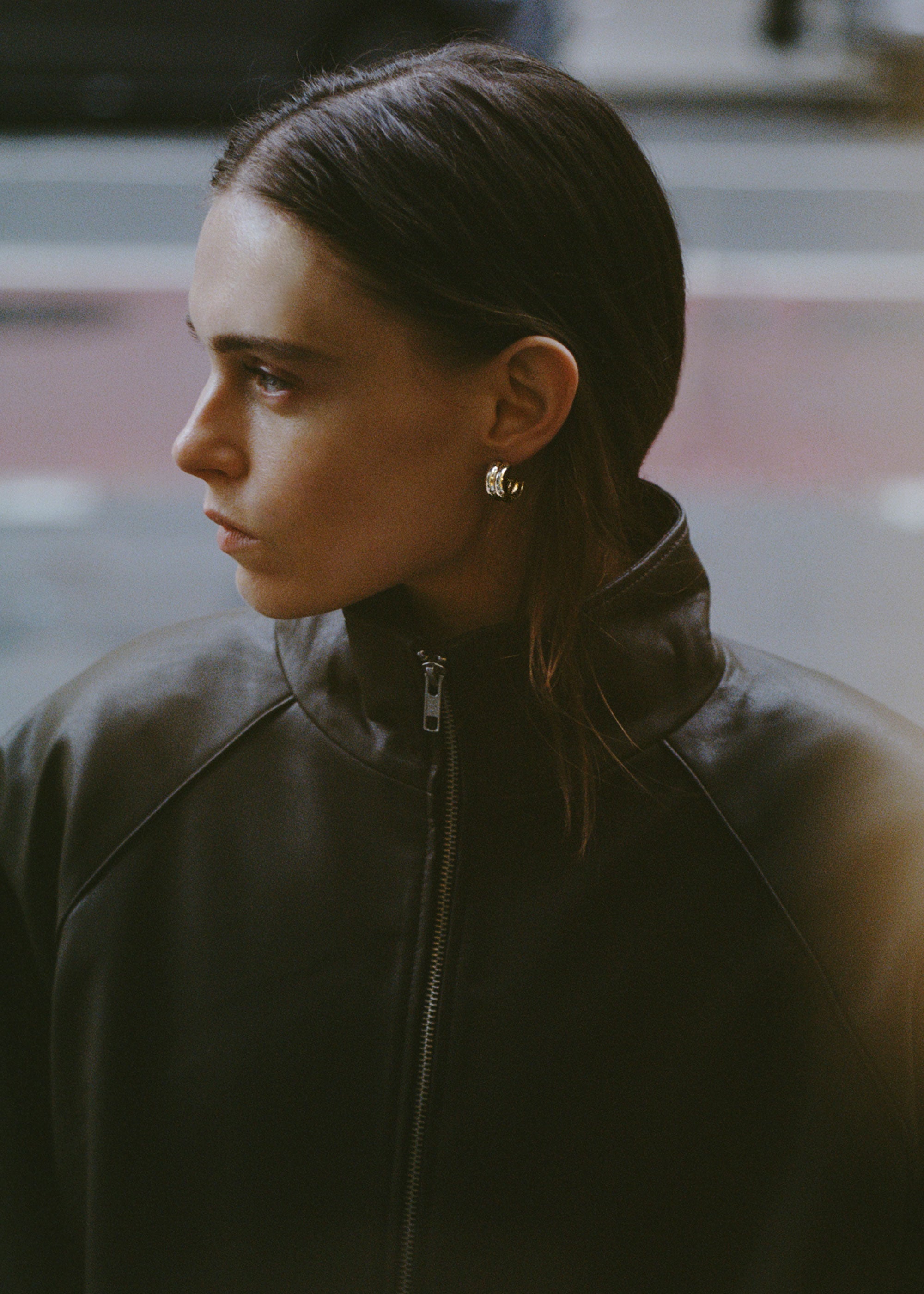 Model wearing .925 sterling silver AGMES Giulia Hoop Earrings