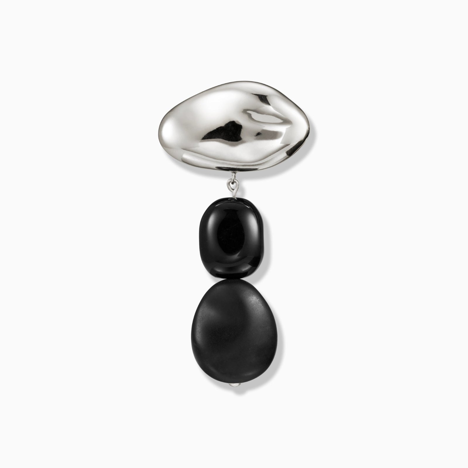 .925 sterling silver oval shaped brooch with double black onyx bead drop on white background