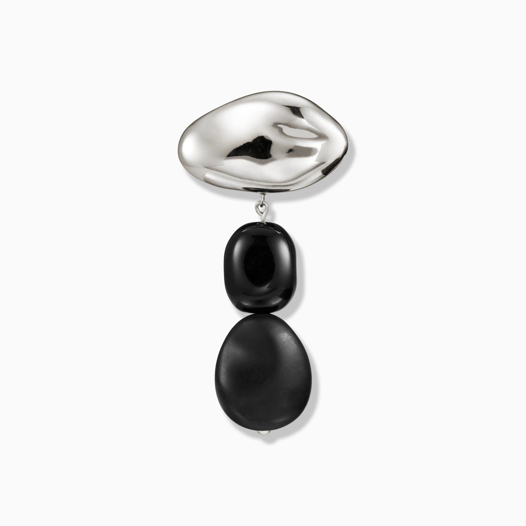 .925 sterling silver oval shaped brooch with double black onyx bead drop on white background