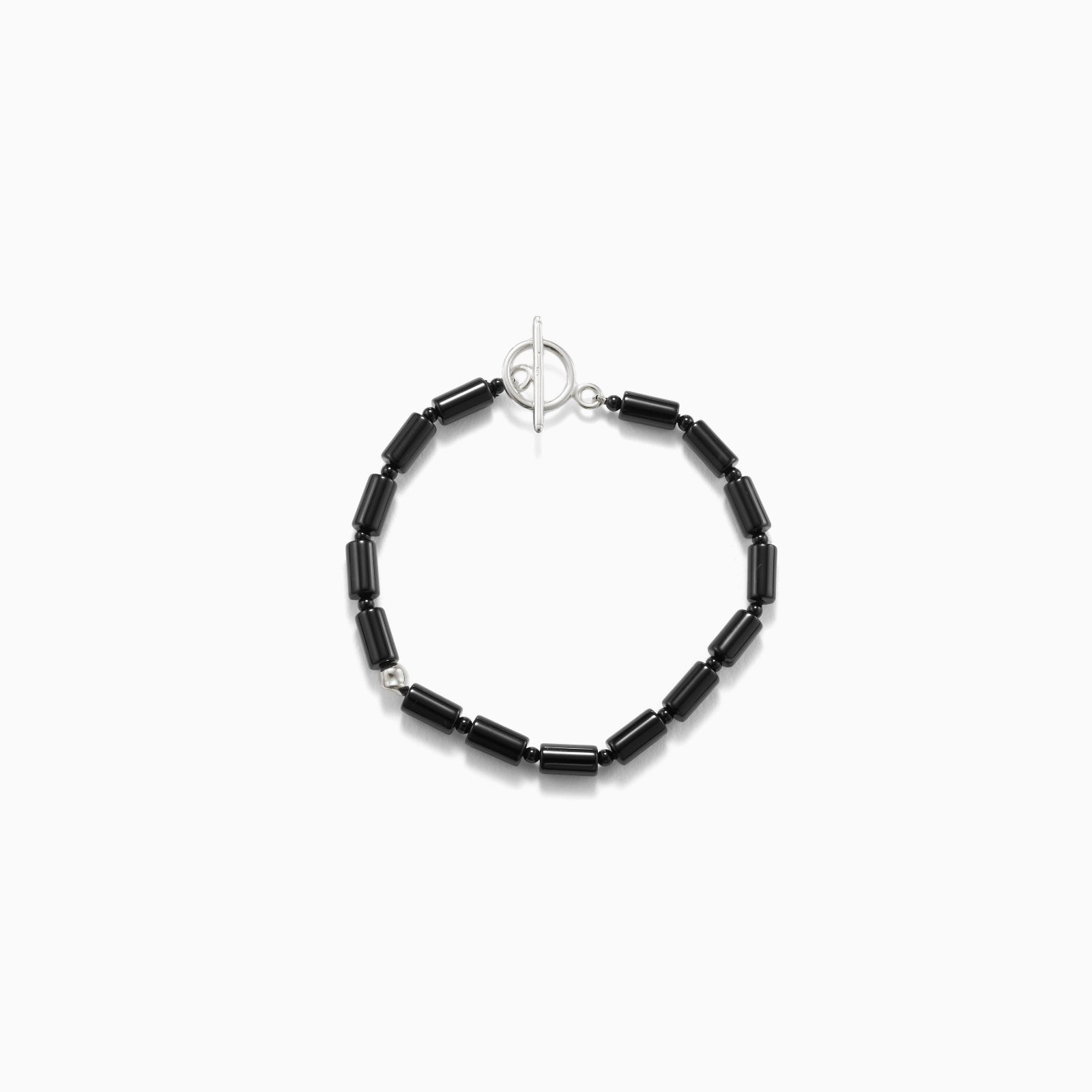 Black onyx beaded bracelet with .925 sterling silver accent on white background